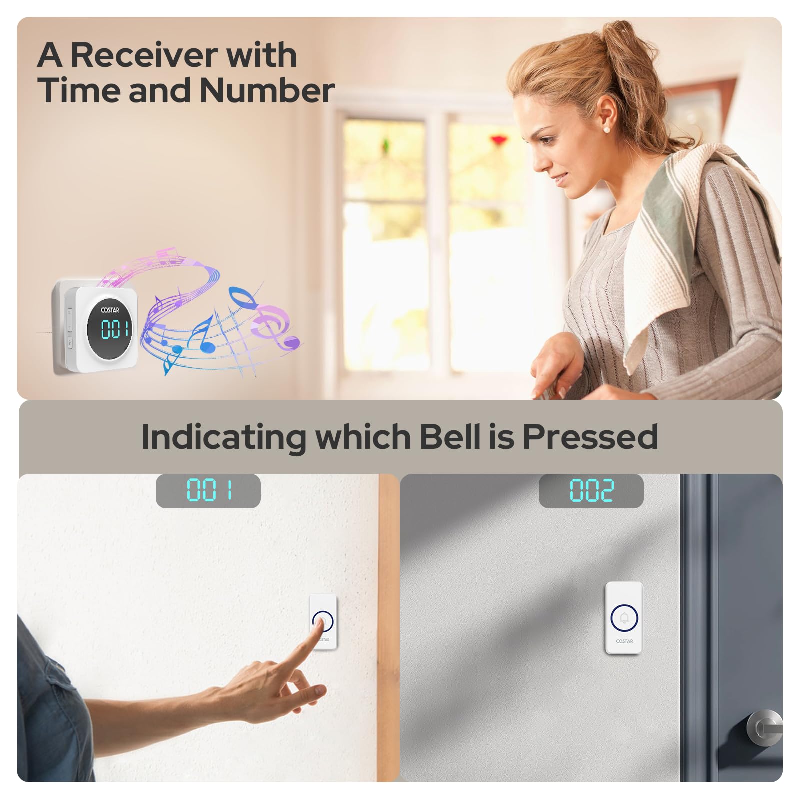 Costar Door Bell - Calling Bell Wireless with 24-Hour Time Display, Wireless Doorbell for Home, 1000ft Range Operating with 58 Chimes, 5 Levels Adjustable Volume(Pebble 705 White 2 Push Button)
