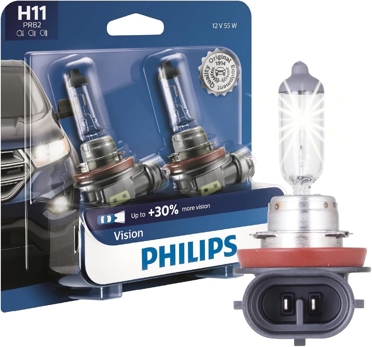 Philips H11 Vision Upgrade Headlight Bulb With Up To 30% More Vision, 2 Pack
