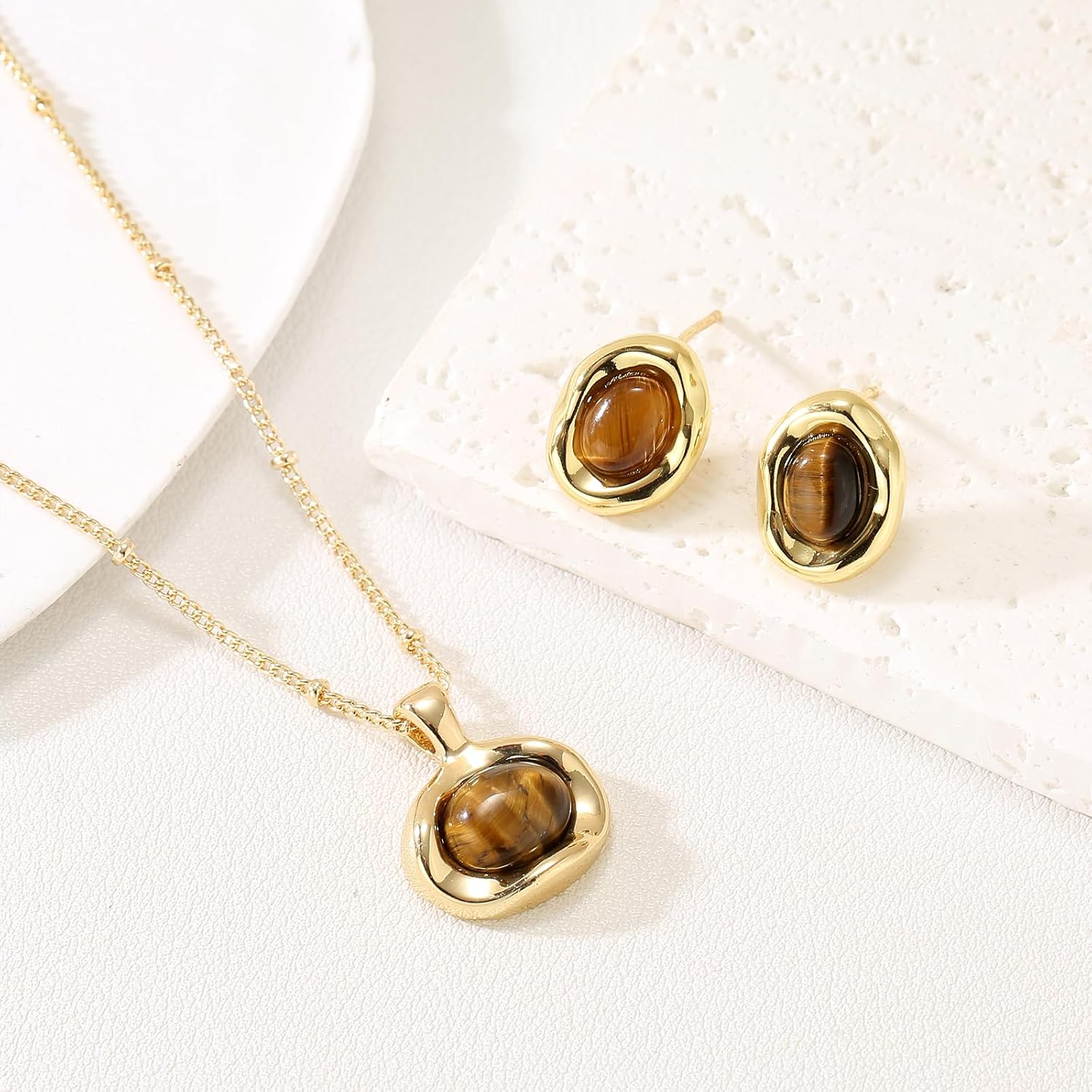 Chunky Gold Jewelry Set Trendy for Women Vintage Brown Geometric Statement Stud Earrings and Pendant Necklace Accessories - Image 7