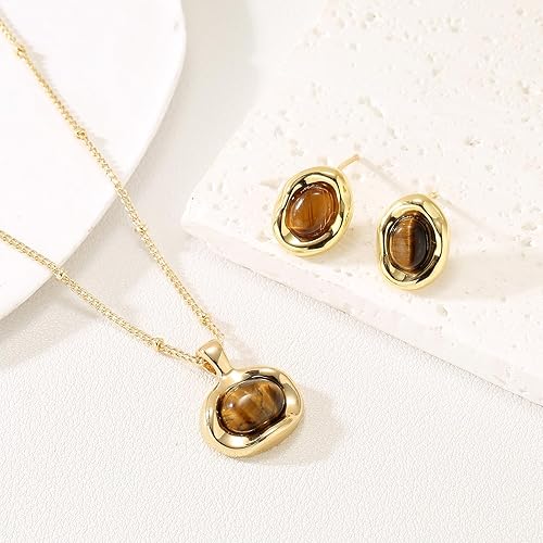 Vista 7 de Juego de joyas de oro grueso de moda para mujer, estilo vintage, marrón, geométrico, aretes y collar con colgante, accesorios