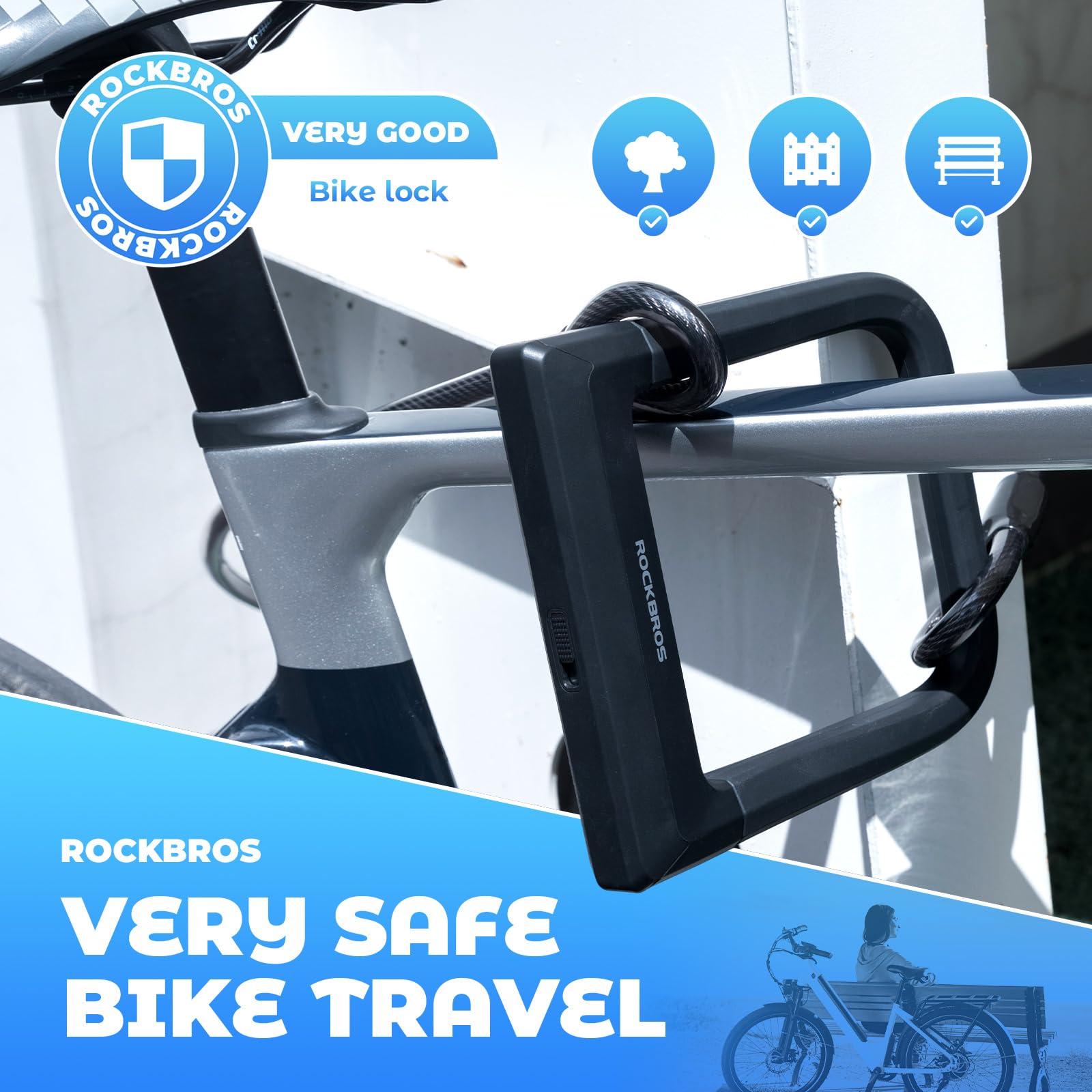 ROCKBROS Lucchetto a U per Bici, Lucchetto per Bicicletta, Lucchetto ad Alta Resistenza, Blocco a U Antifurto, Adatto per Bici, Moto, E-bike, MTB