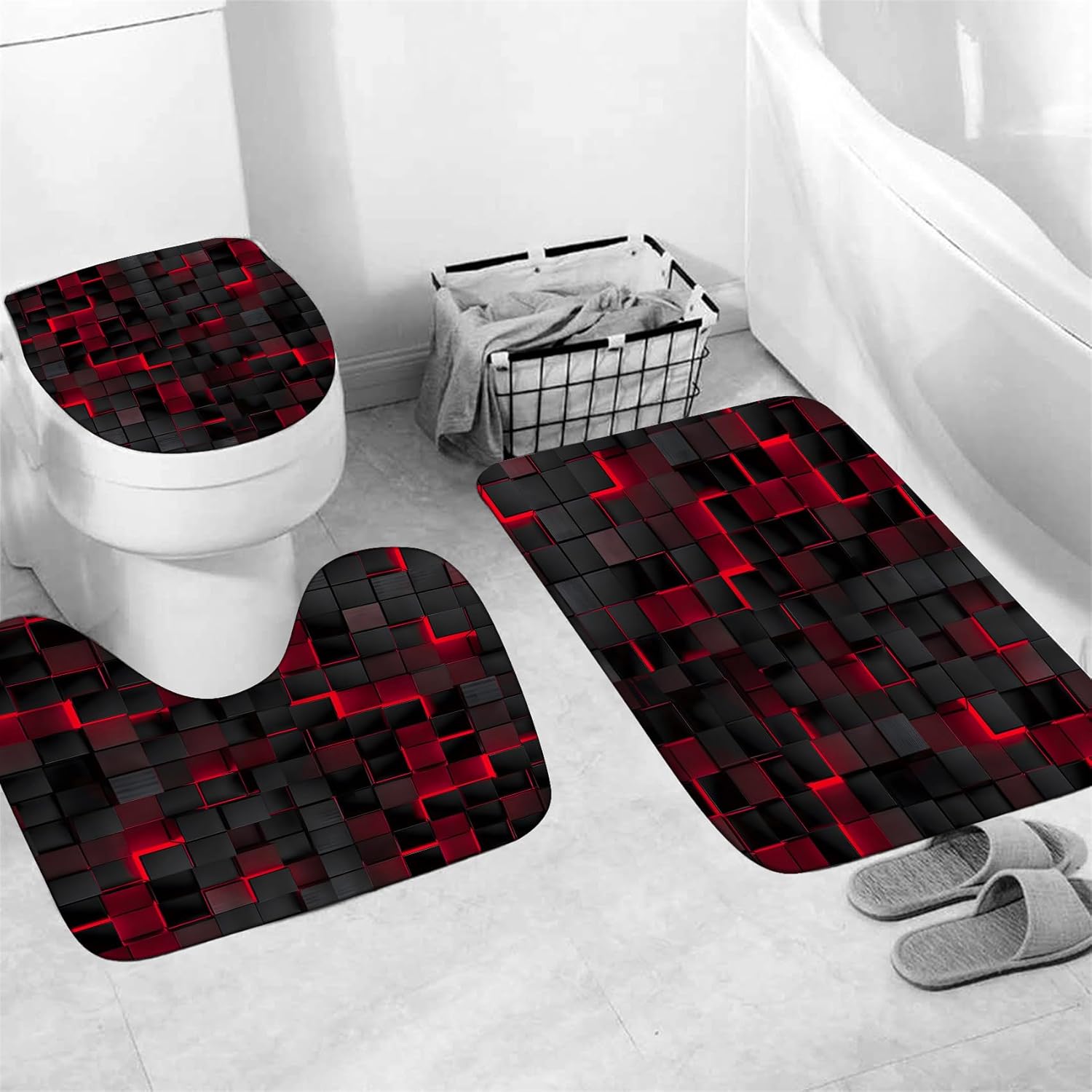 LQCOOL 4Pcs Shower Curtain Set Black 3D Cubes Shower Curtain Set Modern Bathroom Sets with Shower Curtain and Rugs Red Shower Curtain with 12 Hooks