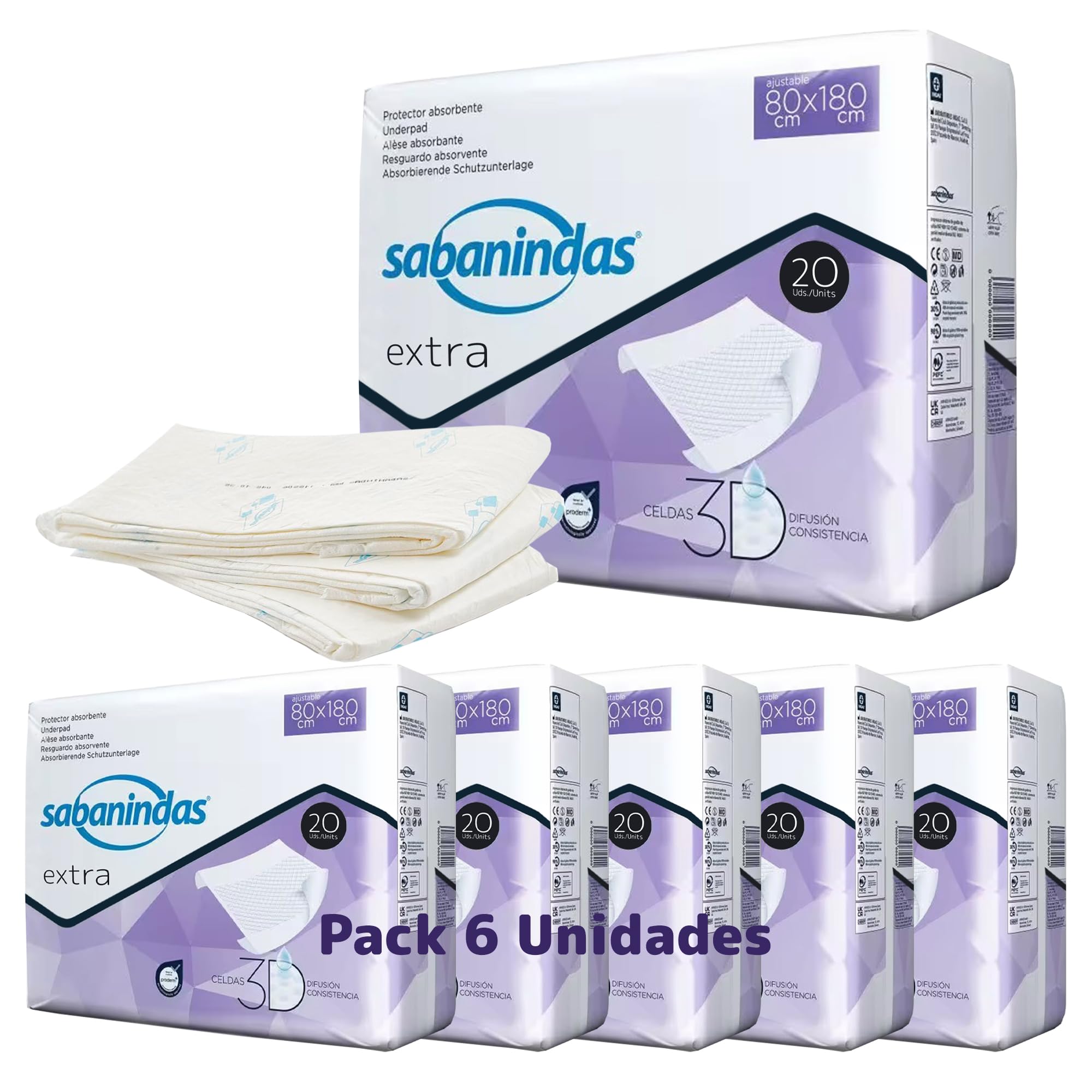 SABANINDAS Protectores de Cama Desechables Extra, 80 x 180 cm | 6 x 20 Unidades, Impermeables y Absorbentes, Para Adultos y Bebés, Ideal para Incontinencia