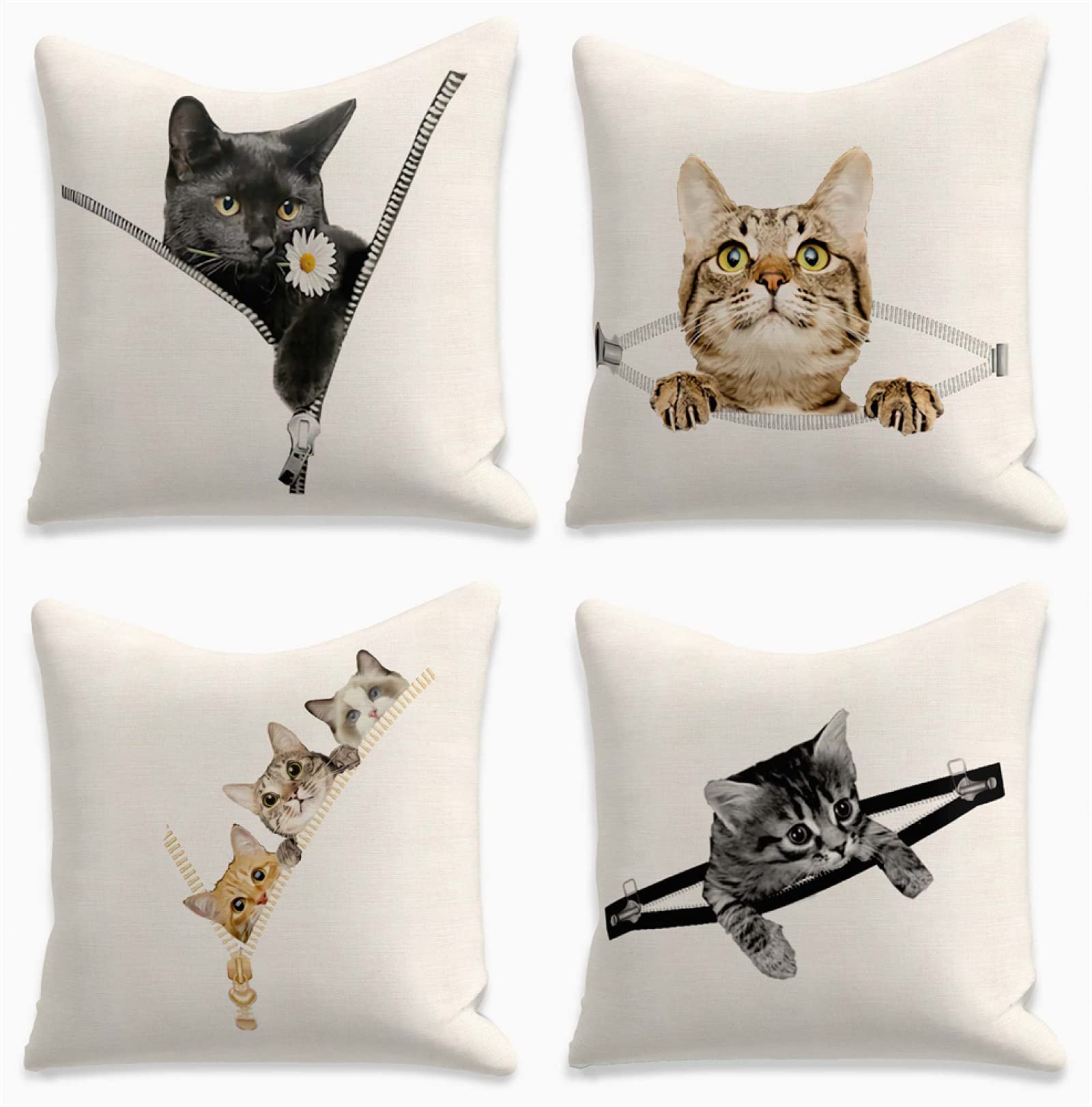 4 Pack Funda de Almohada Decoración Cuadrado Funda de Cojines Funda de Almohada de Navideñas Fundas para Cojines Cuadrado Lino Funda cojin para Sofá Decoración para Hogar 65X65cm Animales Gatos,Color2