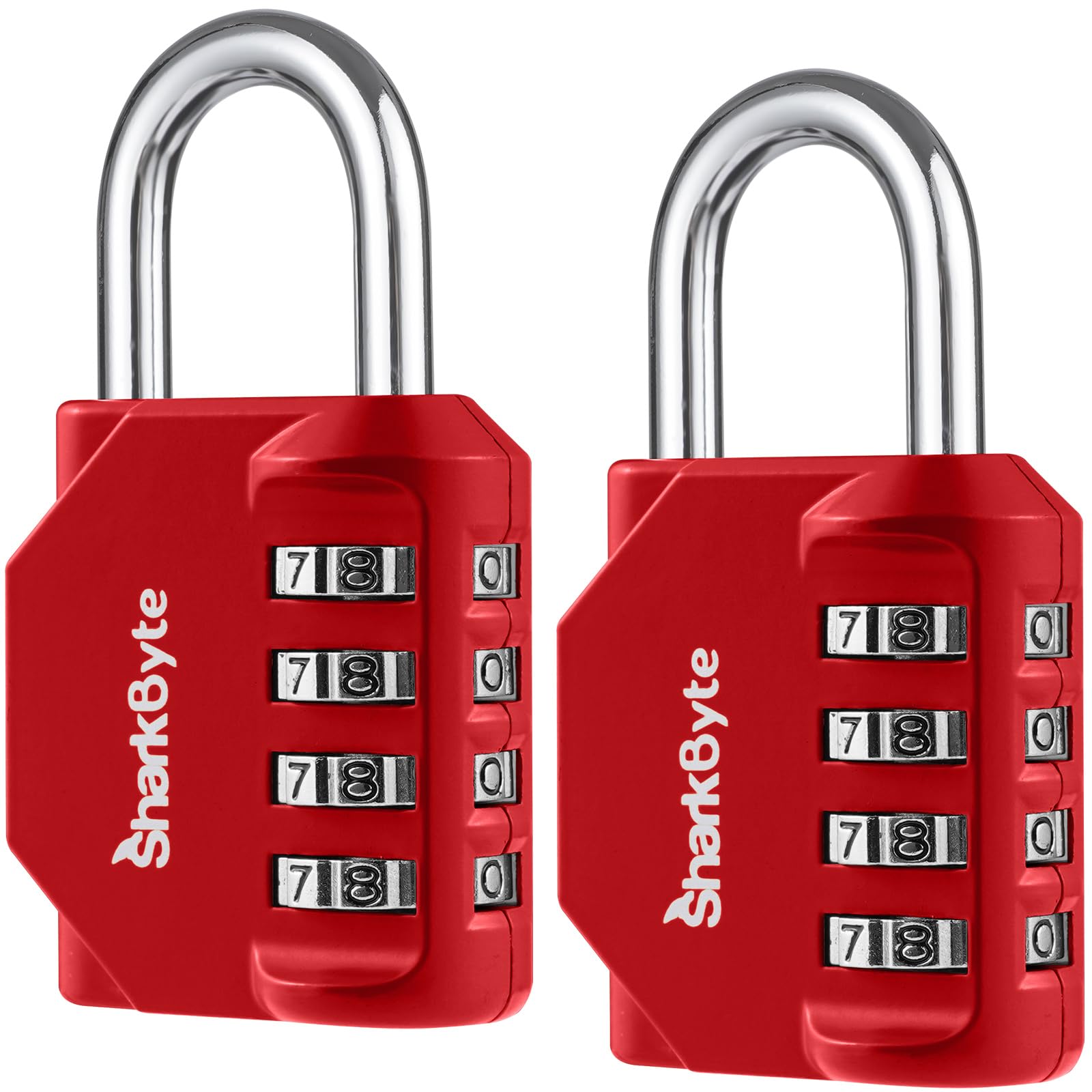 SharkByte 2 Pack Heavy Duty Combination Padlocks – 4-Digit Weatherproof Outdoor Lock, Keyless Resettable Lock for Gym, School, Locker, Shed, Toolbox, Storage & Site Use - Red