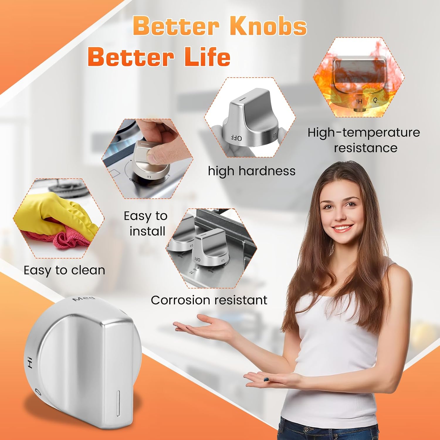 Metal W11510456 W11620567 Gas Stove Knob Replacement Compatible with Whirlpool Gas Range Knobs WFG525S0JS5 WFG550S0LZ5 WFG550S0LZ4 WFG525S0JS5 WFG525S0JZ5