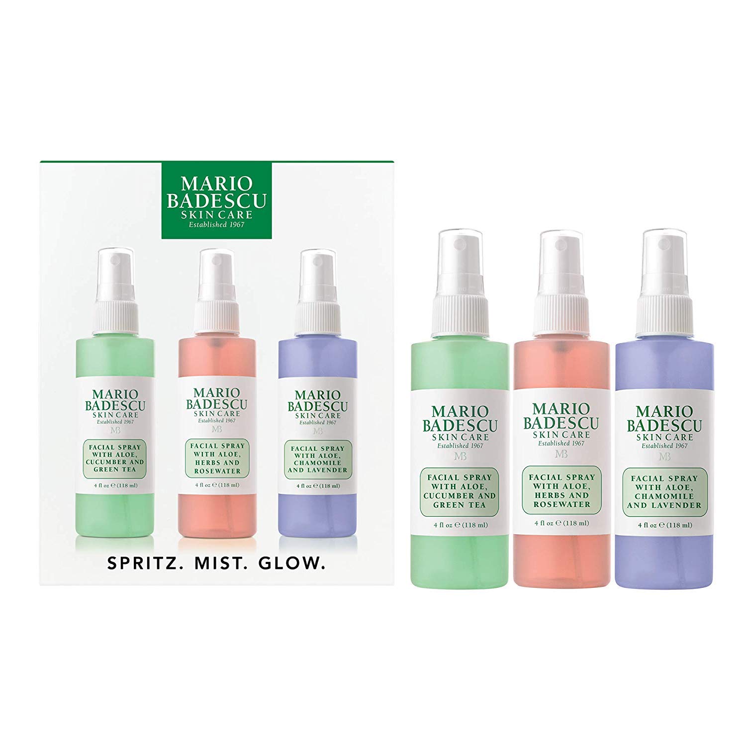 Spritz Mist Glow Set: Aloe Facial Spray mit Gurke, Grünem Tee, Kräutern, Rosenwasser, Kamille und Lavendel - 3 x 118 ml