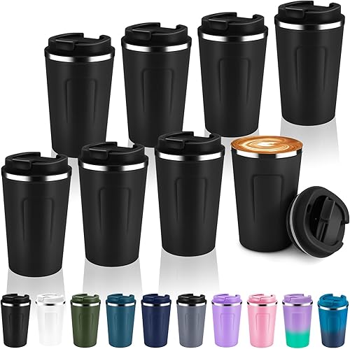 Miniatura 46 de Volhoply Taza de café de viaje con aislamiento al vacío de 12 oz de doble pared con tapa abatible, taza de café reutilizable de acero inoxidable a