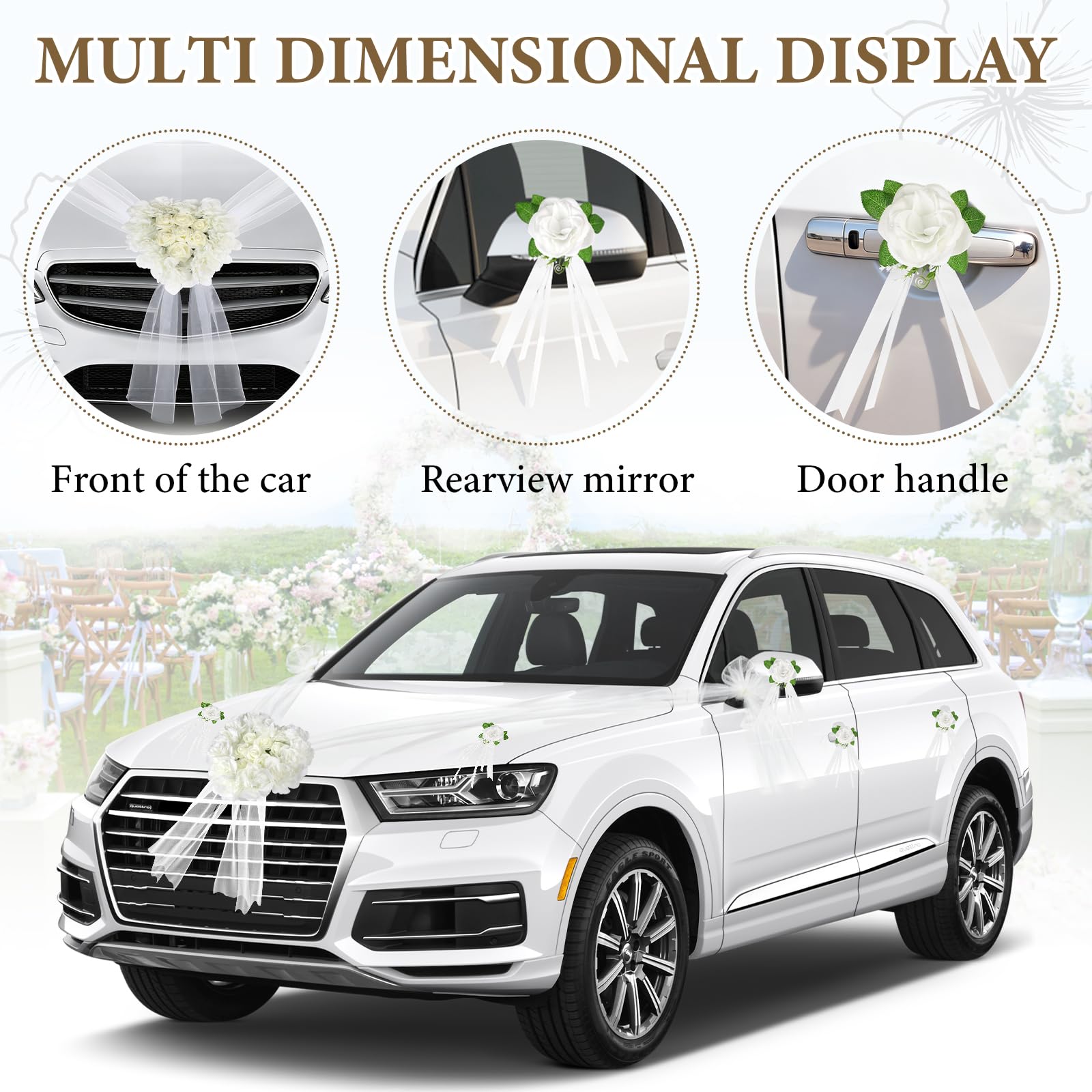 Décoration de Voiture en Forme de Cœur pour Mariage, Kit avec 1 Guirlande Cœur, 4 Fleurs pour Poignées de Porte, 2 Bandes de Tulle (1,8m) pour Enterrement de Vie de Jeune Fille & Cérémonie