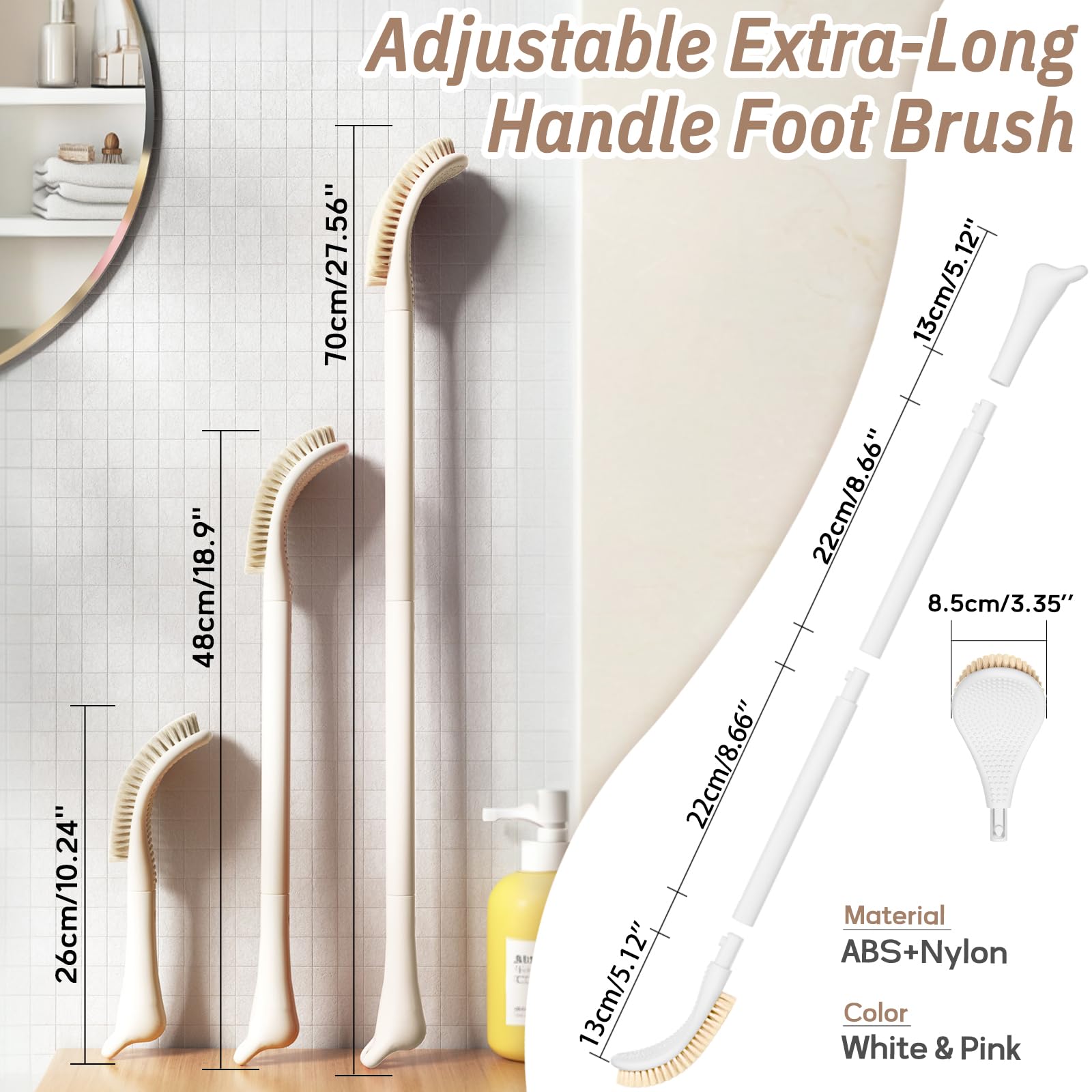 Cepillo de pies para ducha, limpiador de pies 3 en 1 para ducha, cepillo de limpieza de pies de mango largo ajustable de 10.2 a 27.5 pulgadas para personas mayores, embarazadas, discapacitadas,