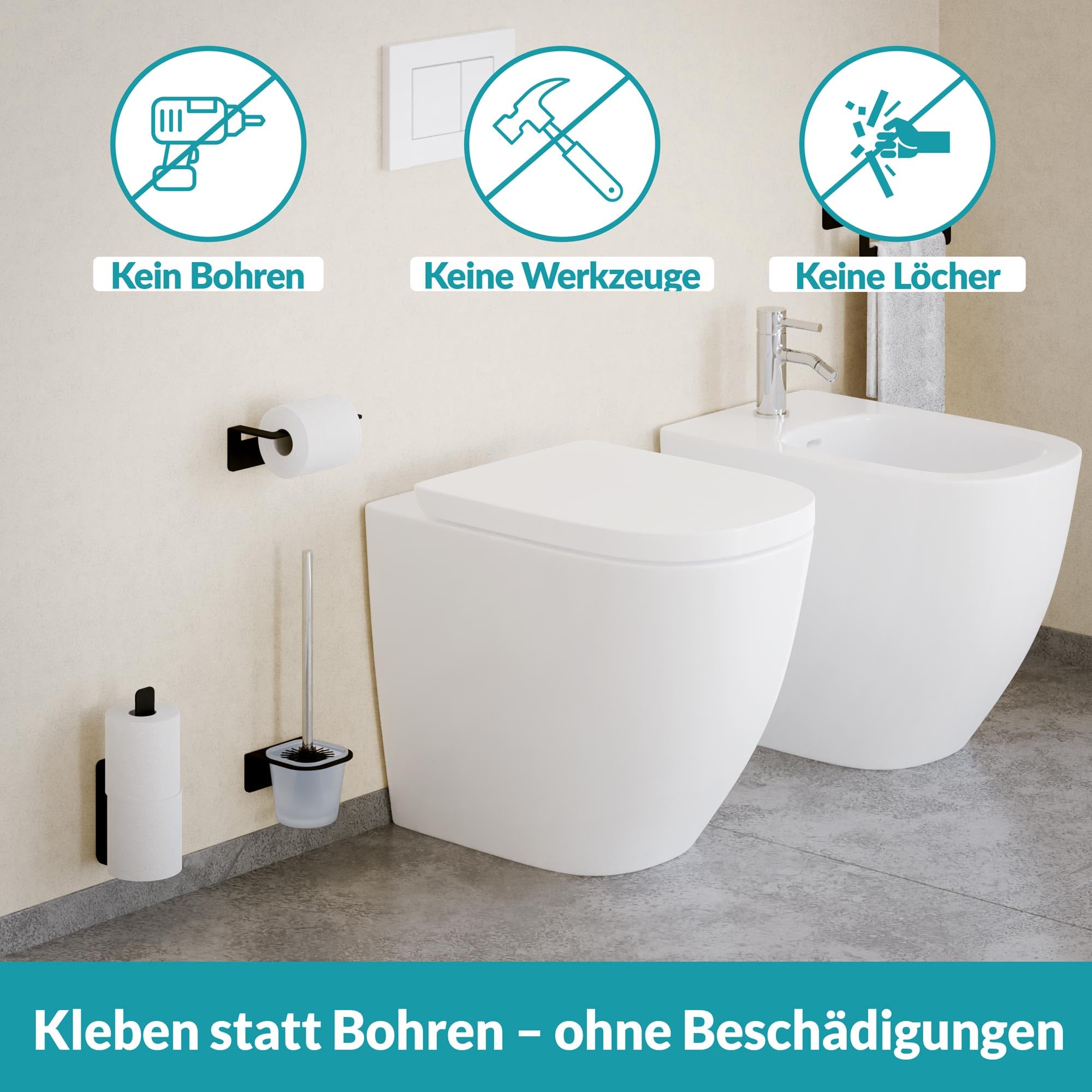 WEISSENSTEIN Toilettenpapier Aufbewahrung ohne Bohren - Toilettenpapierhalter Edelstahl für die Wand – Rollenhalter selbstklebend - schwarz