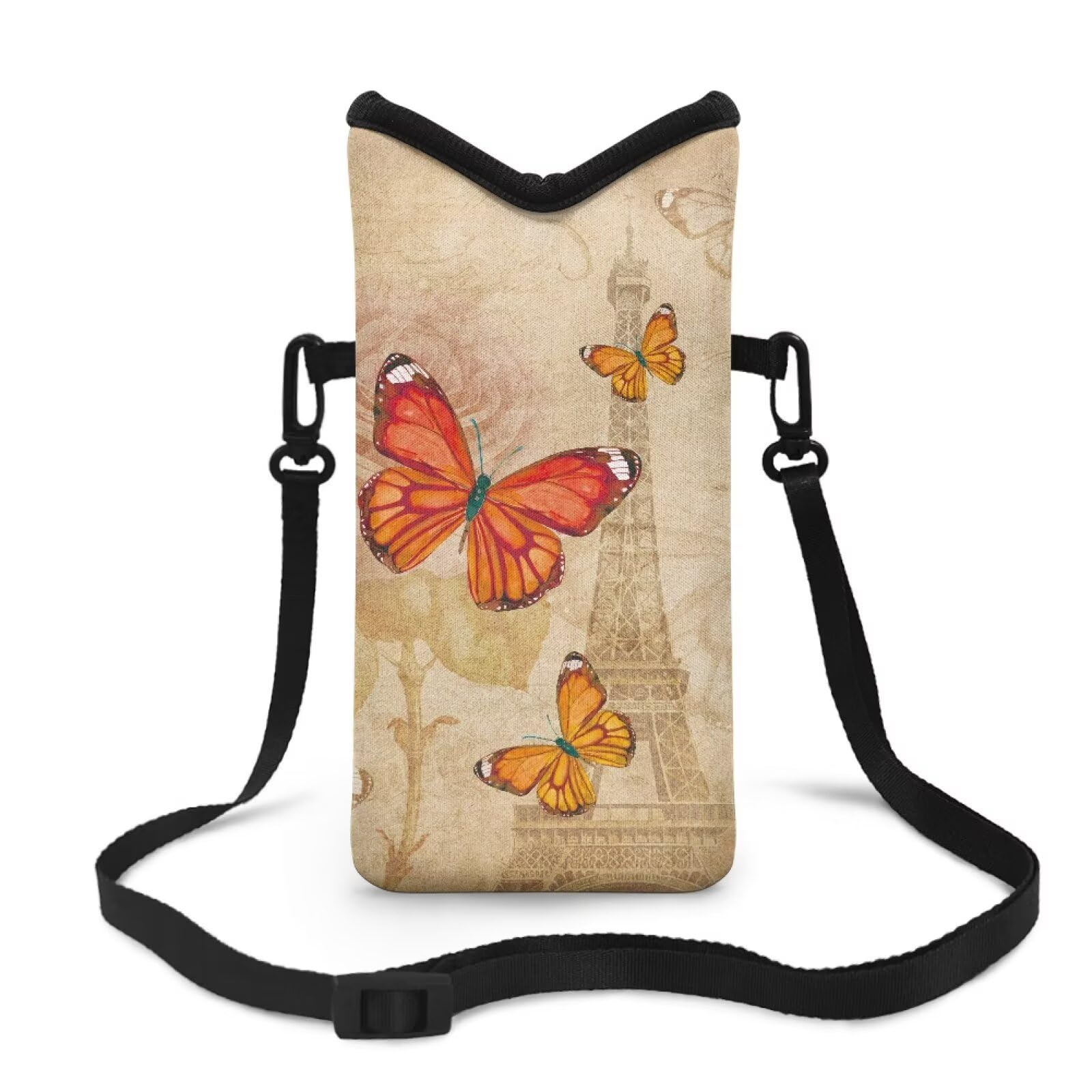 Torba na telefon crossbody wodoodporna mini torebka na telefon komórkowy z regulowanym paskiem pasuje do większości smartfonów, 20 cm x 10 cm, wieża Eiffla, motyl róża retro, jeden rozmiar