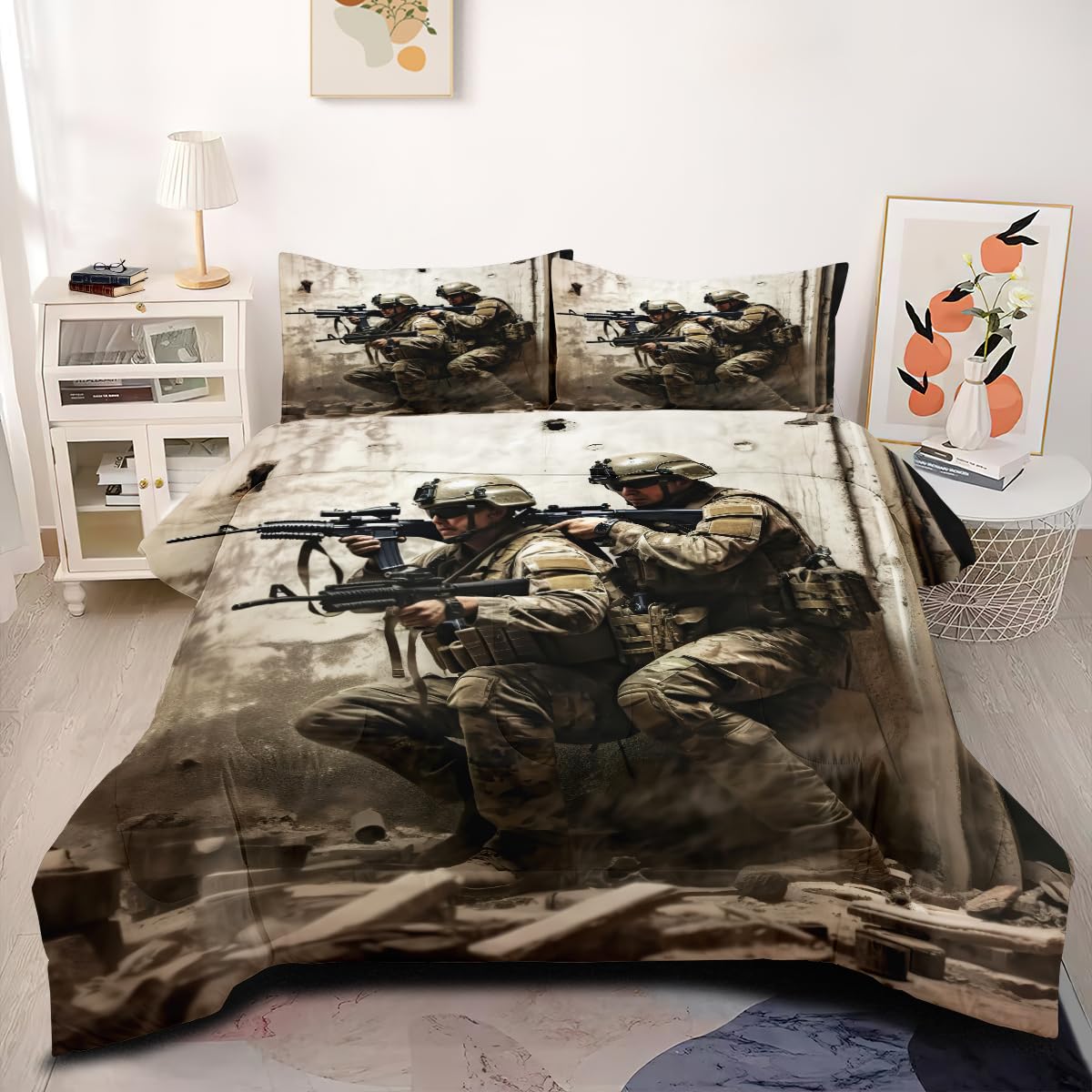 CCoutueChen Soldier Comforter Set Queen SizeArmy Rifle Machine Gun Bedding Sets Camouflage Military Boys Under Mission Comforter 3Piece with 2