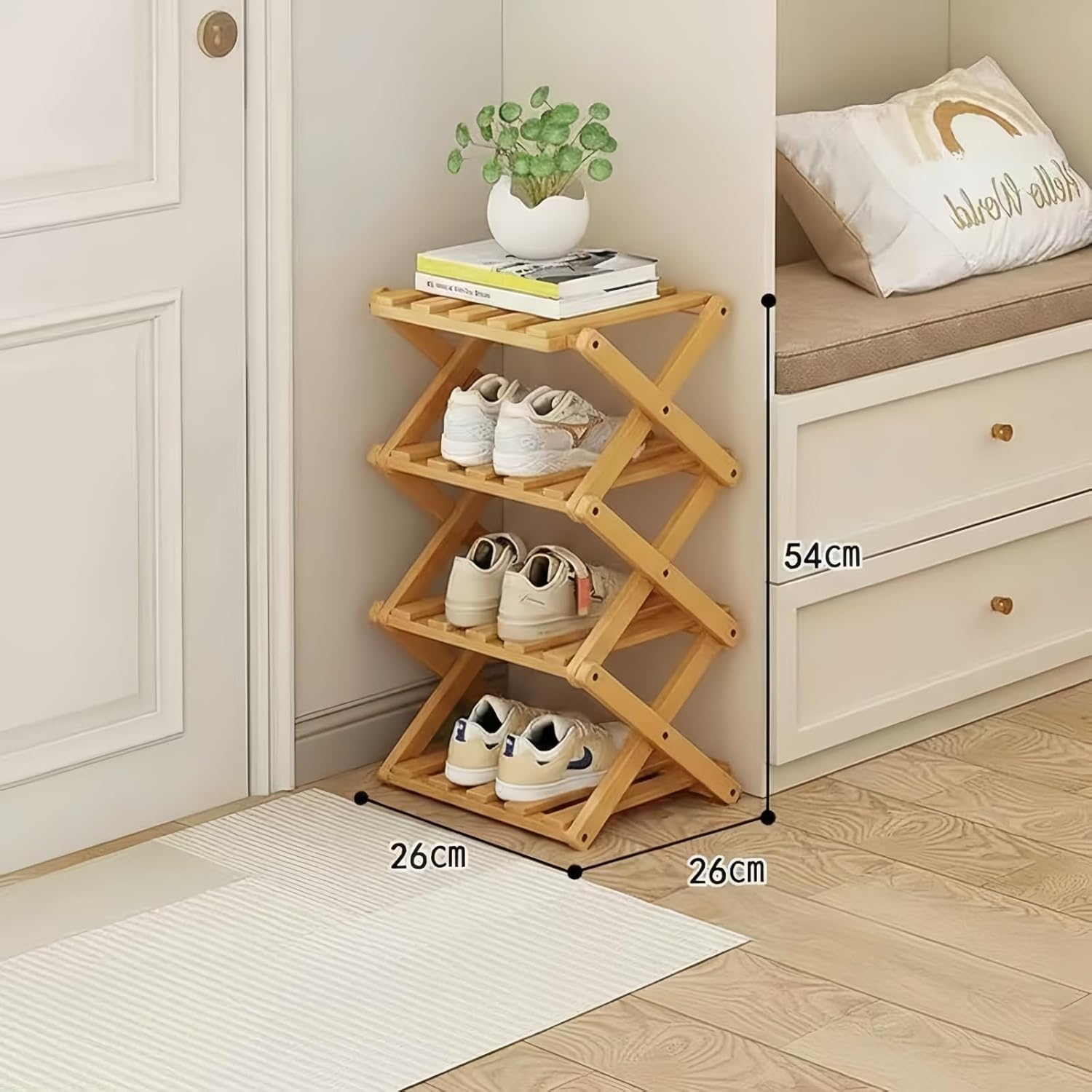 Foldable Shoe Rack, Bamboo Vertical Shoe Organizer Tall for Small Spaces. Multifunctional Narrow Shoe Shelf for Entryway, Closet, Corner, Bedroom, Hallway, Wood Color 4 Layers