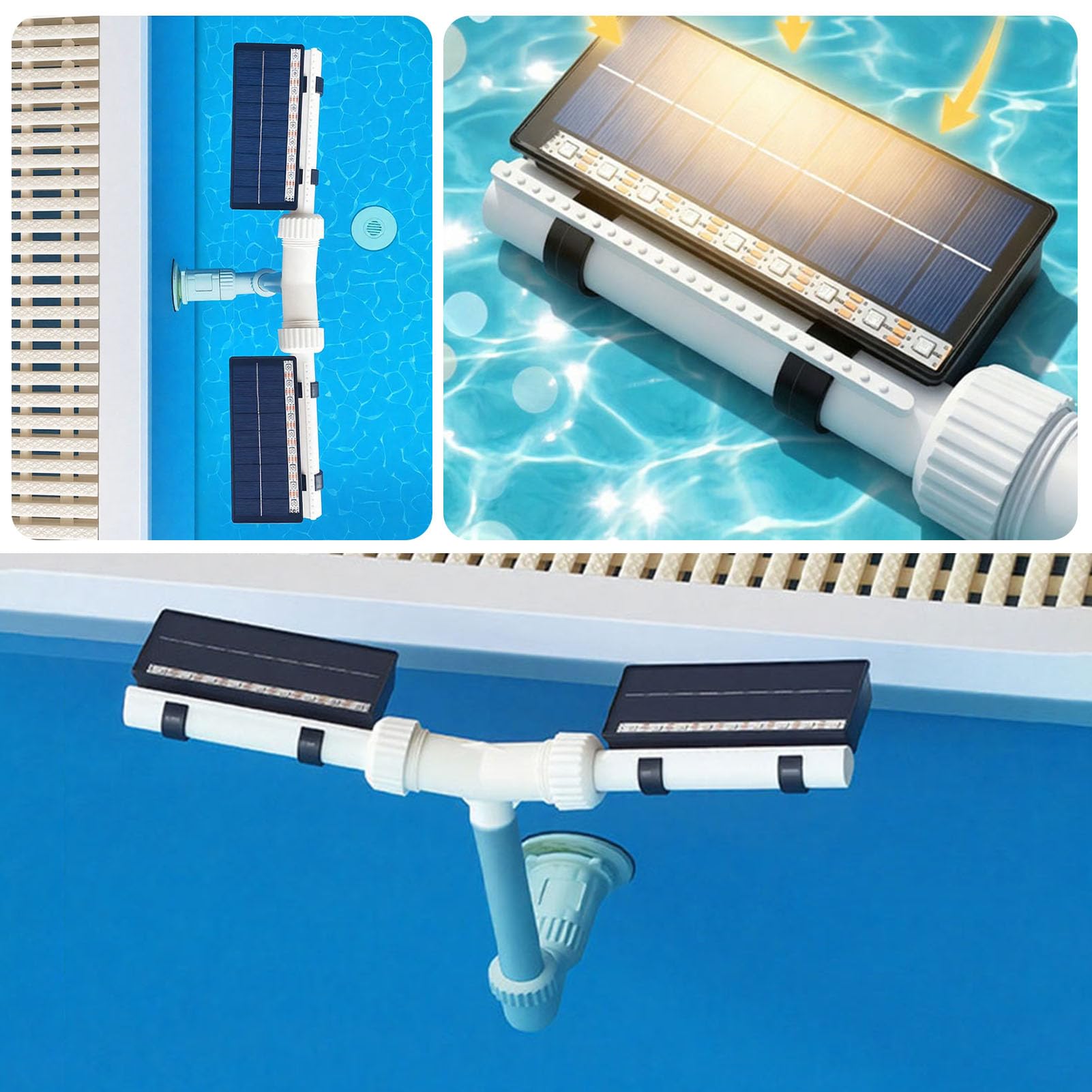 Solar Poolbrunnen mit LED RGB Licht, 18 LED Dual Sprühkopf 360° Einstellbar, 11 Modi Fernbedienung Fernbedienung & App Steuerung, Poolkühler mit Akku & USB Ladefunktion