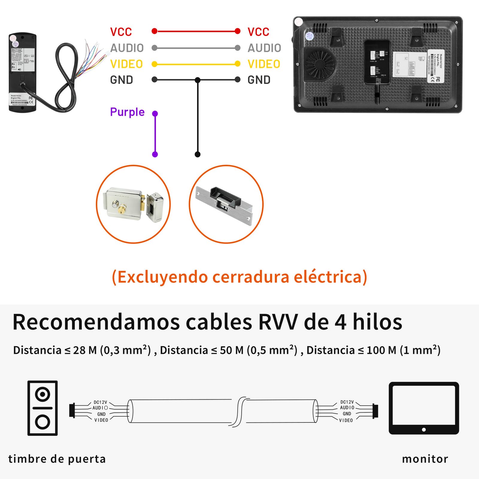 Karmen Portero con vídeo de 7 Pulgadas, Timbre de Metal, visión Nocturna infrarroja, Impermeable IP65, 16 Tonos, Control Remoto, Negro