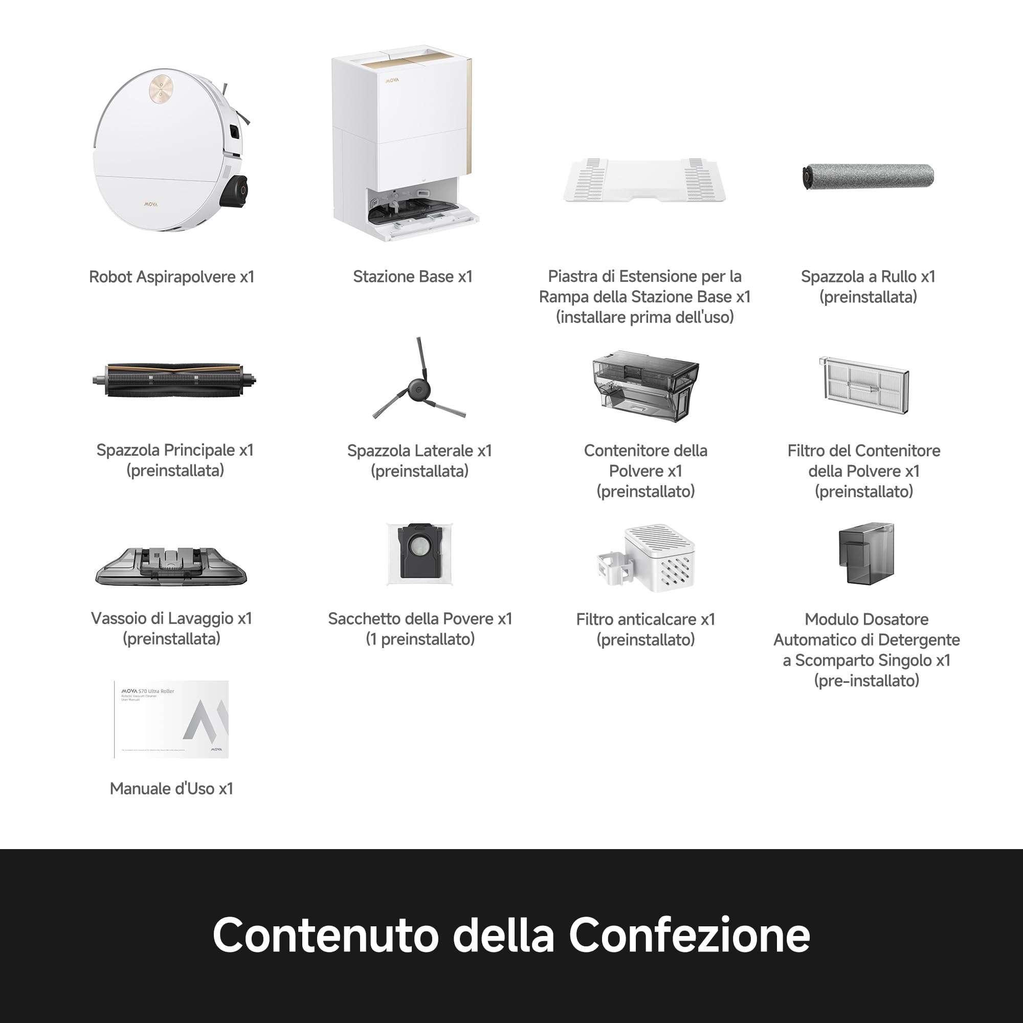 Mova S70 Ultra Roller Robot Aspirapolvere da 32.000 Pa con Lavaggio HydroForce, Navigazione CovertSense, Tecnologia AutoShield, Doppio sistema Anti-Groviglio, Comandi Vocali e Base All-in-One