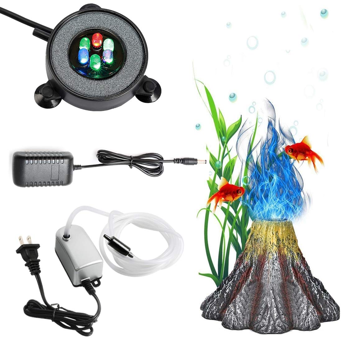 Aquarium Volcano Ornament Kit Air Bubbler Decorations for Fish Tank Aquarium with 6 LEDs Air Stone Air Pump with Air Pump, Aquarium Decorations Air Stone Bubbler Volcano Shaped Ornament Kit Set