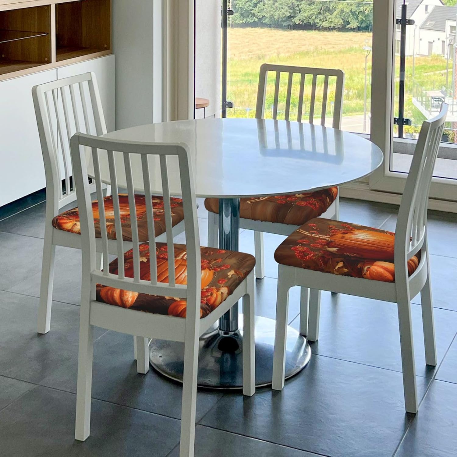 Fall Pumpkin Print Square Cushion Covers 6 Pcs Set Elastic Non-Slip Seat Cushion Slipcovers Pet Furniture Protectors for Chair, Sofa