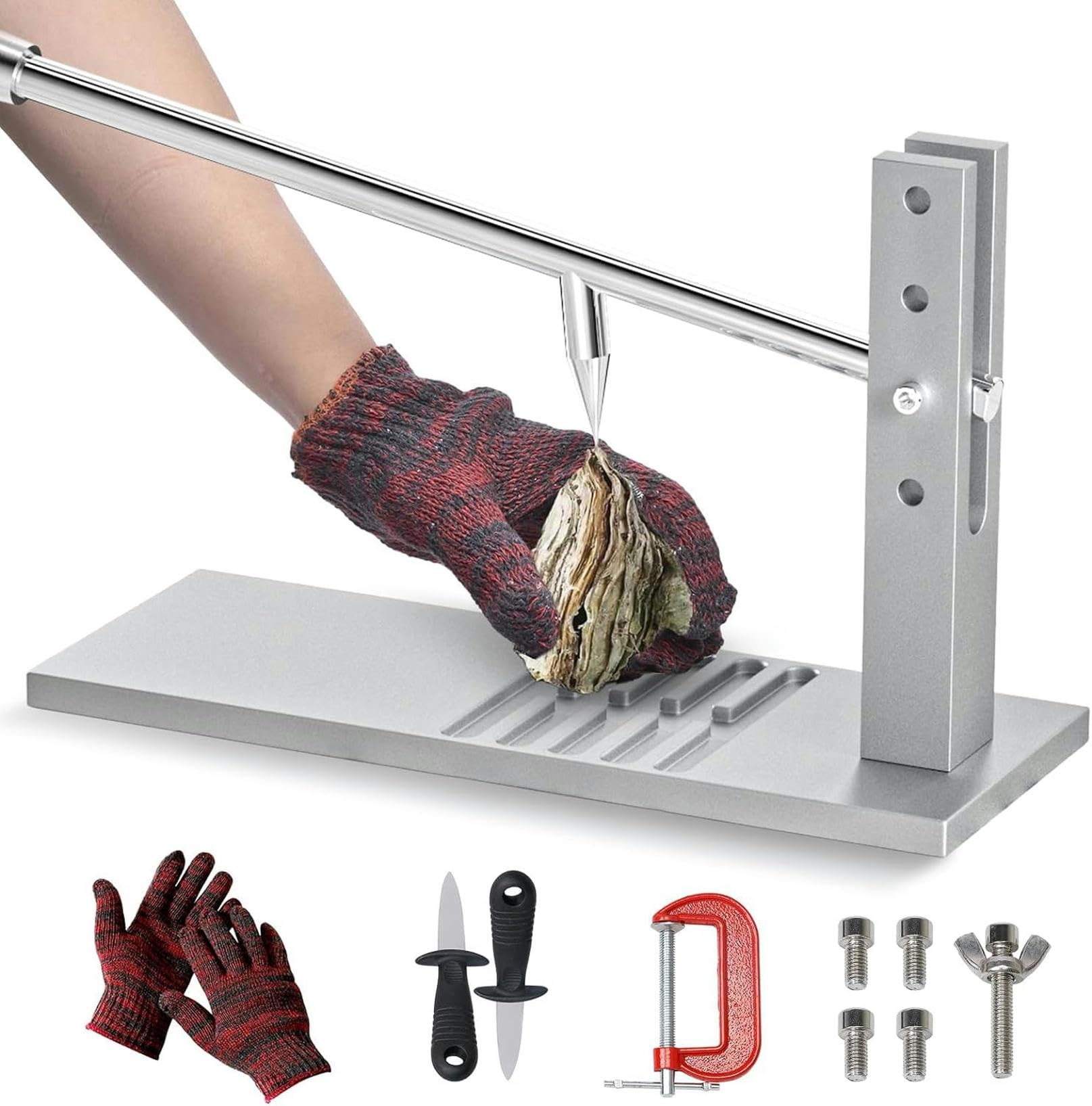 Juego de herramientas para abrir ostras, máquina abridora de almejas de ostras ajustable de acero inoxidable que incluye cuchillos y guantes, presión de la máquina ≤160 kg, para ostras abiertas