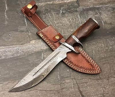 KE-01277-HK Custom and Handmade Damascus Steel Hunting Knife with Leather Sheath