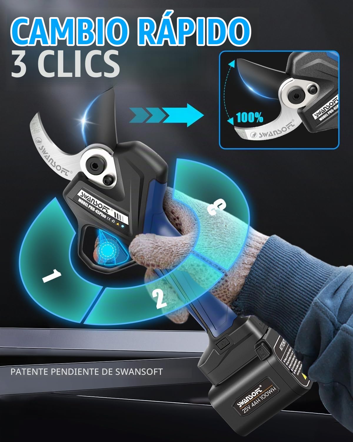SWANSOFT PRU45-PLUS Tijeras de Podar Electricas Profesionales 45mm,1150W Motor sin Escobillas,25V 4Ah x2 Baterías,Pantalla LCD Tijeras de Podar Bateria para Olivos y Viña