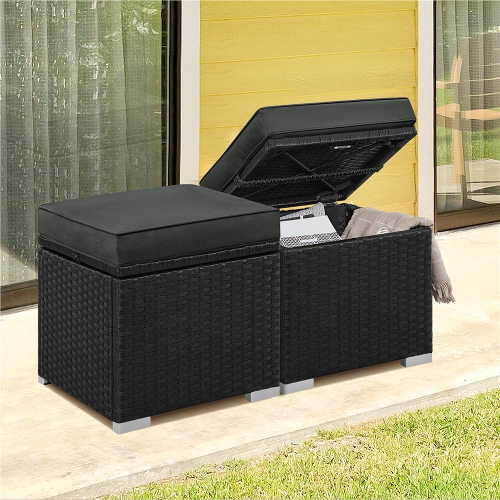 Yaheetech Poufs en Rotin pour Extérieur 2 pcs, Lot de 2 Ottomanes de Jardin en Rotin de Rangement avec Coussin 40 x 40 x 41 cm pour Amenagement Balcon Terrasse Noir/Gris