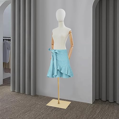 Miniatura 3 de Vestido de maniquí femenino con cabeza desmontable y brazos de madera ajustables, funda de lino y base de metal dorado, altura ajustable de 55 a 80