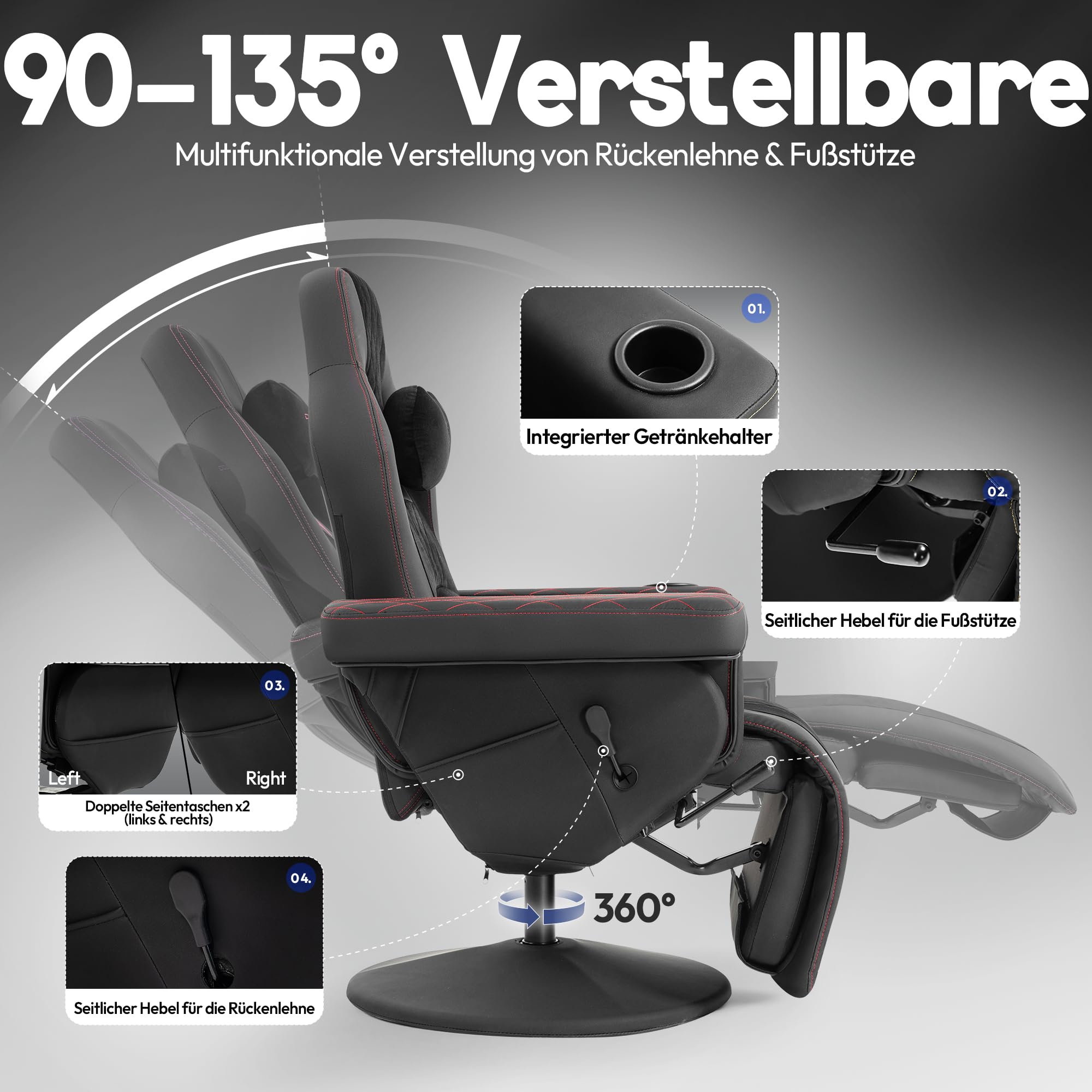 Dowinx Relaxsessel Gaming Sessel mit Shiatsu Massagefunktion, Fernsehsessel mit Liegefunktion 90°–135° und Fußstütze, 360° drehbarer Gaming Stuhl ohne Rollen, Getränkehalter, Seitentaschen-Schwarz Rot