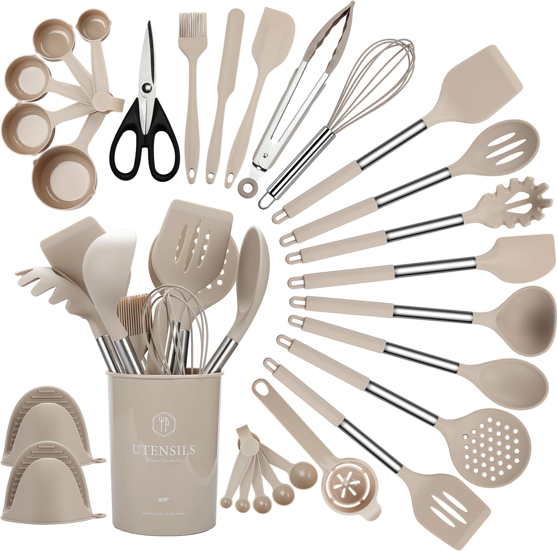 QMVESSSilicone Cooking Utensils Set, 28 Pcs Non-Stick Kitchen Utensils Set with Holder, 446°F Heat Resistant Spatula, Tongs, Spoons Set with Stainless Steel Handle Kitchen Gadgets (Khaki)