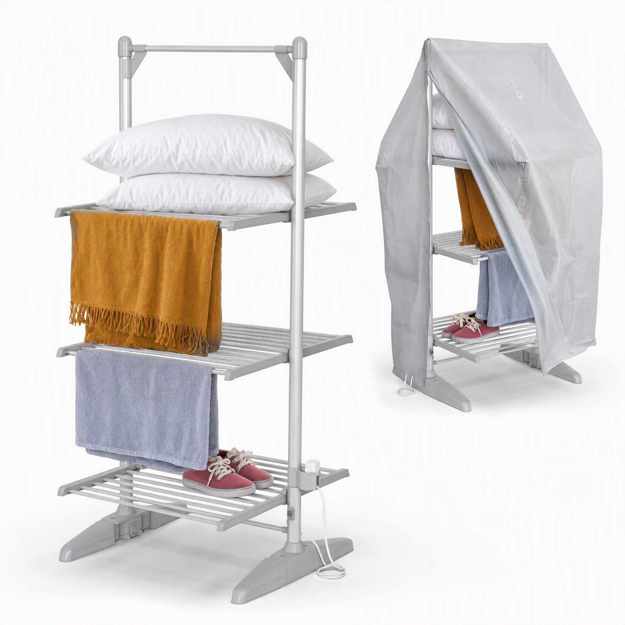Vivo Technologies Electric 3 Tier Heated Clothes Airer with Cover, Foldable Electric Clothes Drying Rack Electric Clothes Horse with 24 Heated Rails for Quick Drying,202W,62x46x112cm — image 1