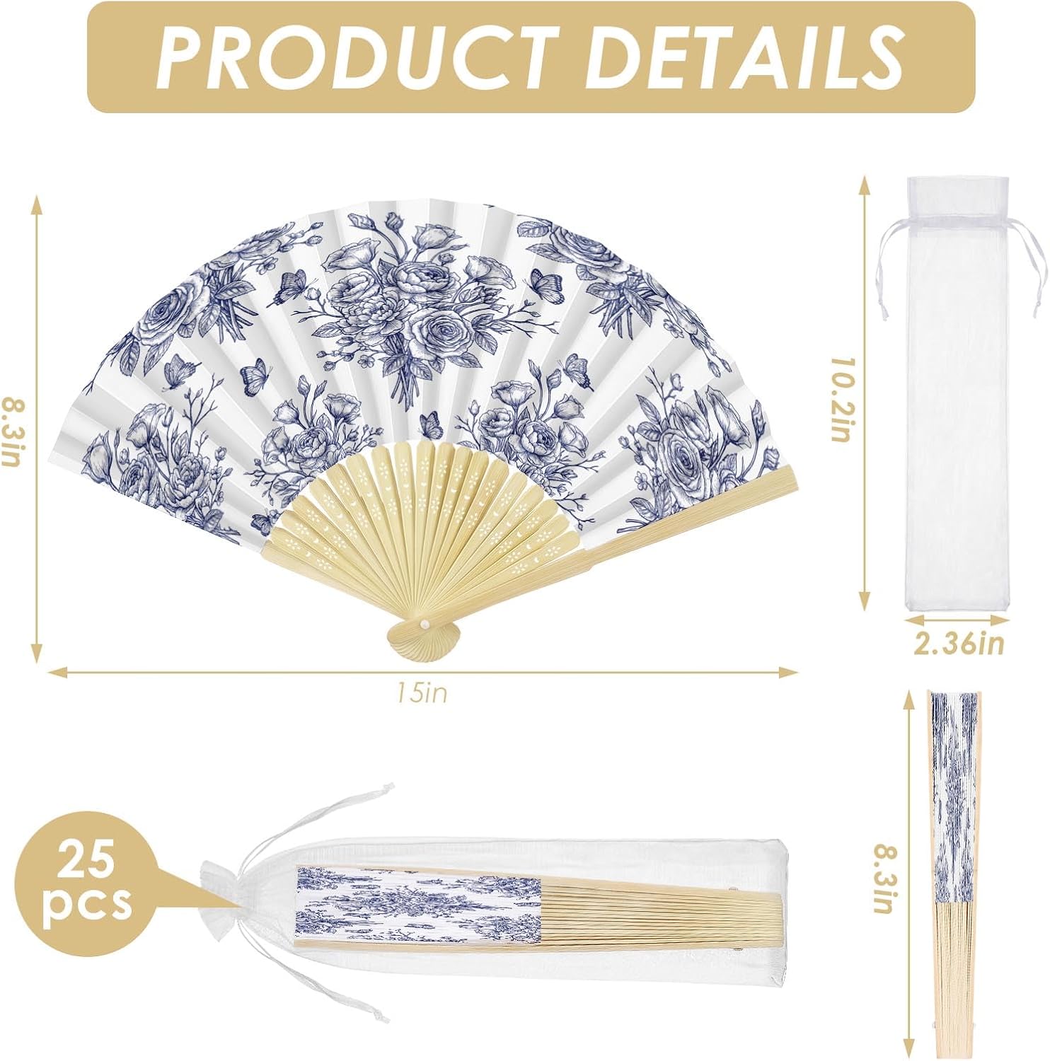 Arttown Wedding Fans for Guests Bulk 25 Pack, Bamboo and Paper Folding Hand Fans with Organza Bags, Mediterranean Style Blue Floral Pattern for Bridal Shower, Party Favors