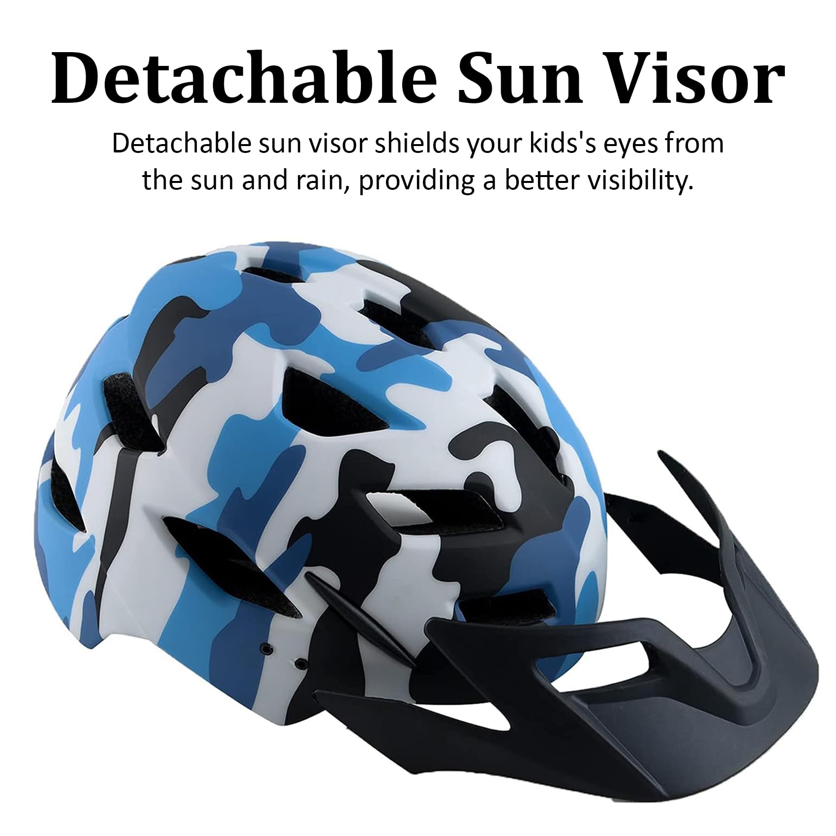 Casco de bicicleta para niños, cascos para niños y niñas, 2 tamaños ajustables para edades de 2-3-5-8-14 años, casco para niños con visera y luz LED, casco ligero multideportivo para bicicleta 5