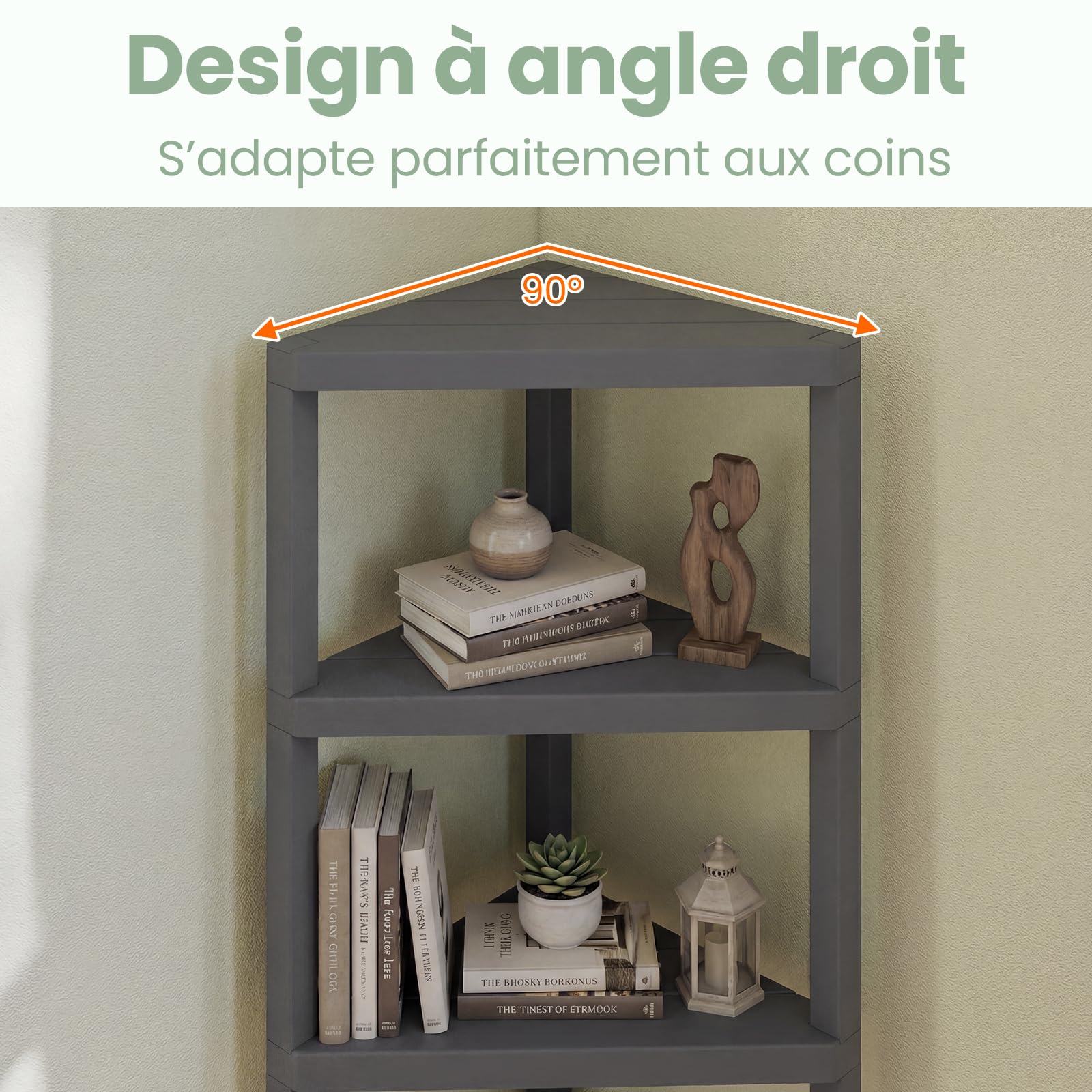 COSTWAY Étagère d'angle, Bibliothèque d'angle à 4 Niveaux avec Étagères Ouvertes à Lattes, Meuble de Rangement Moderne pour Bureau, Salon, Cuisine, Salle de Bain (Gris)