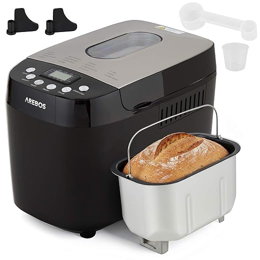 Arebos Bread Maker 1500 g | with 15 Programmes | 2 Kneading Hooks | Timer | LCD Display | 3 Browning Degrees and Bread Sizes | 850 W | Colour: Black