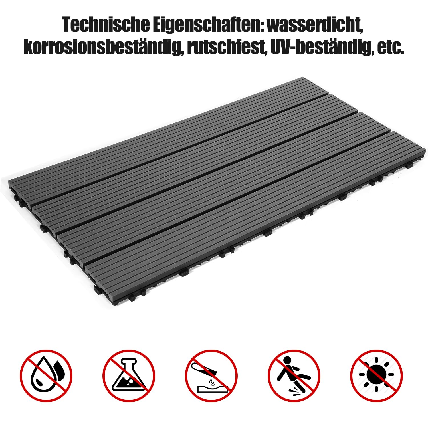 Eulenke WPC Terrassenfliesen 36 Stück, 30x60 cm Terrassendielen für Balkon Boden, Klickfliesen, Balkonfliesen in Holzoptik, Bodenbelag Wetterfest für Terrasse, für 6 m², Grau