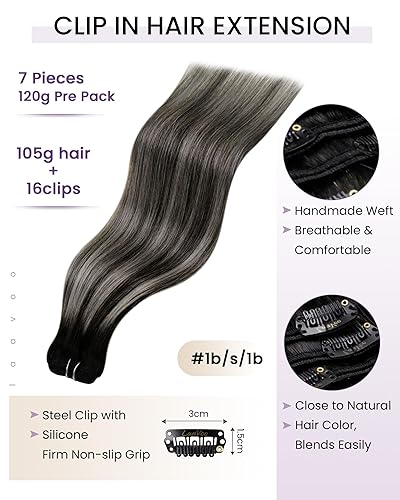 Miniatura 2 de LAAVOO - Extensiones de cabello humano con clip de 14pulgadas balayage de color negro a gris plateado ombré cabello humano lacio para mujeres