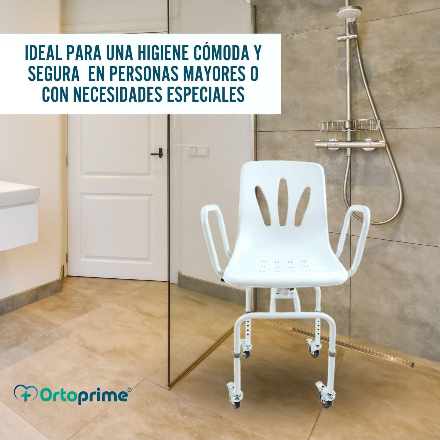 OrtoPrime Silla Ducha Personas Mayores Asiento Giratorio 360º Silla Ducha Mayores Silla Baño Ancianos Ducha - Silla Ducha con Ruedas y Frenos - Silla Ortopédica Silla de Ducha para Personas Mayores