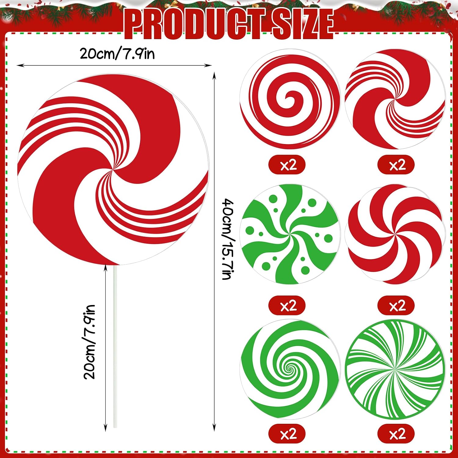 DERAYEE Large Red and Green Candy Christmas Decorations Tree Picks, 12PCS Cute Candy Cane Peppermint Lollipop Christmas Ornaments for Indoor Xmas Tree Winter New Year Party Vase Porch Decor (7.9 Inch)