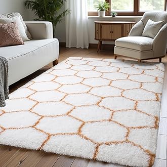 Zentavio Area Rugs for Living Room Rugs for Bedroom 4x6 Carpet Fluffy Fuzzy Soft Shag Aesthetic Plush High Pile Throw Rug for Nursery Kids Room Dorm Honeycomb Khaki