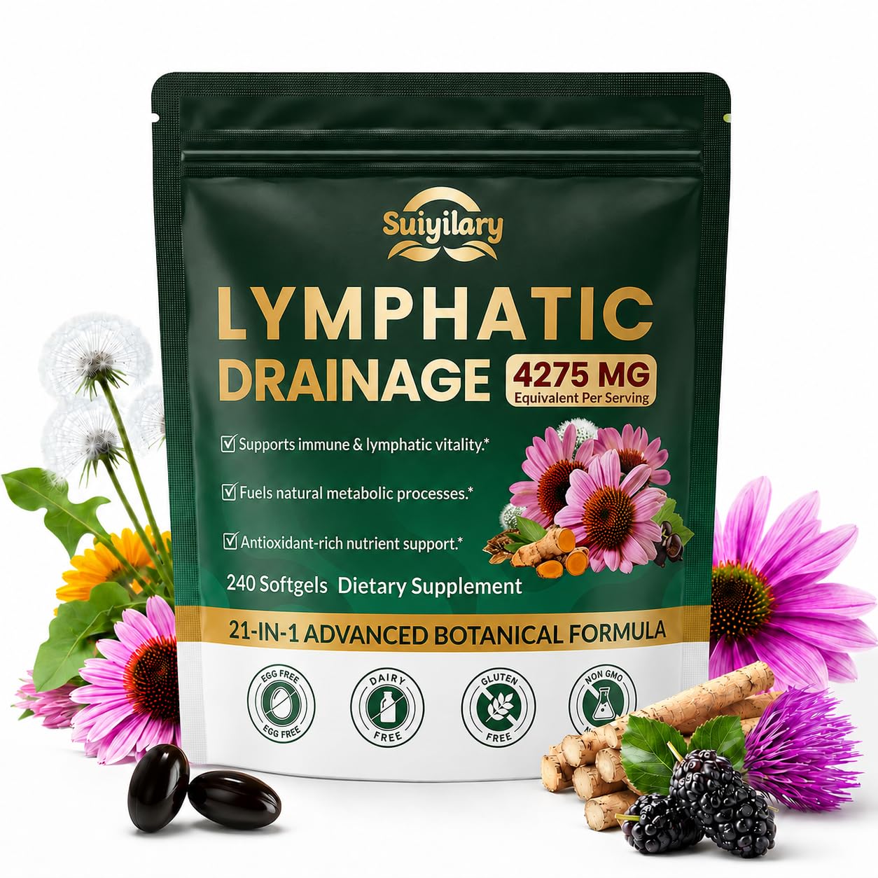 Suiyilary Lymphatic Drainage Supplements, 240 Softgels 240 Count (Pack of 1)