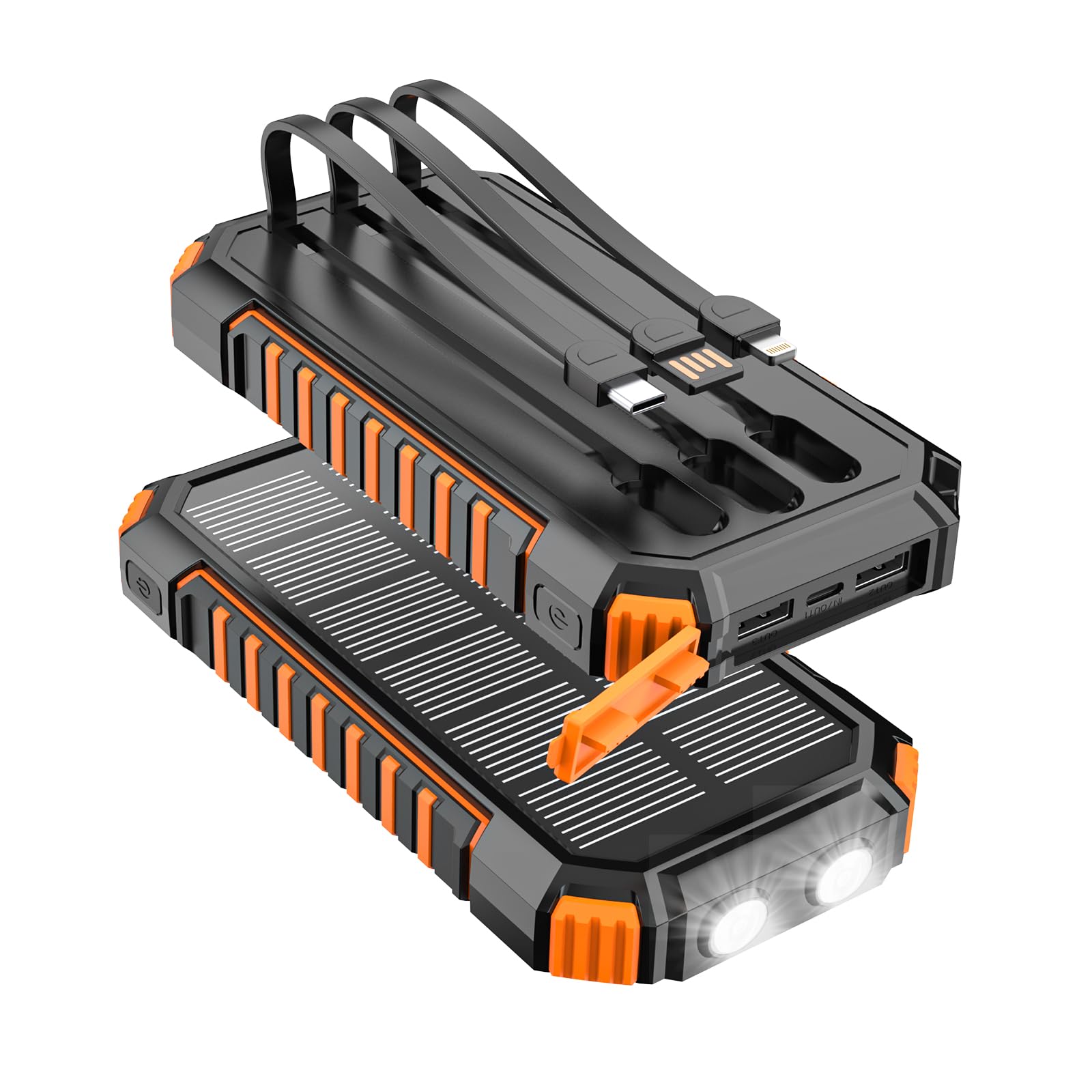 Batteria Esterna Solare 20000mAh – Caricabatterie Carga Rapido 15W portatile, 3 cavi integrati con torce LED – 5 uscite, caricabatterie solare per telefoni 17/16/15/14/13 e Android