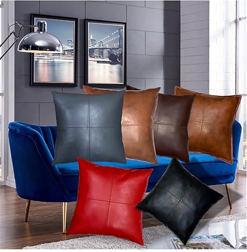 Vista 5 de Leather Farm Funda de almohada de cuero genuino gruesa marrón (tono doble) decorativa para sofá, funda de cojín de cuero marrón (tono doble)