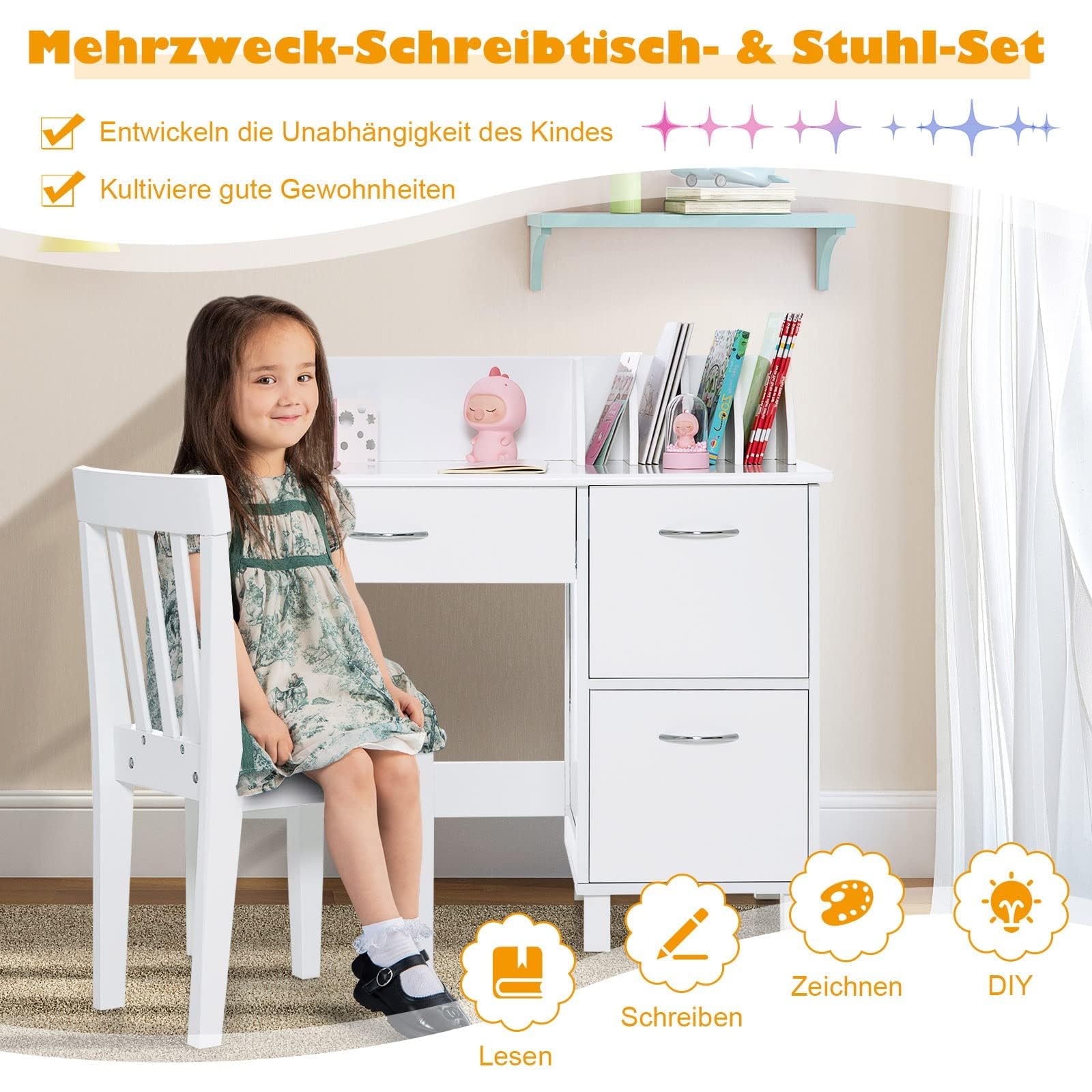 FANTASK Escritorio Infantil de Madera para Estudiantes con Silla, Mesa de Aprendizaje Infantil Multifuncional con Estante, Estante Abierto y Armario de Almacenamiento, Escritorio para niños para