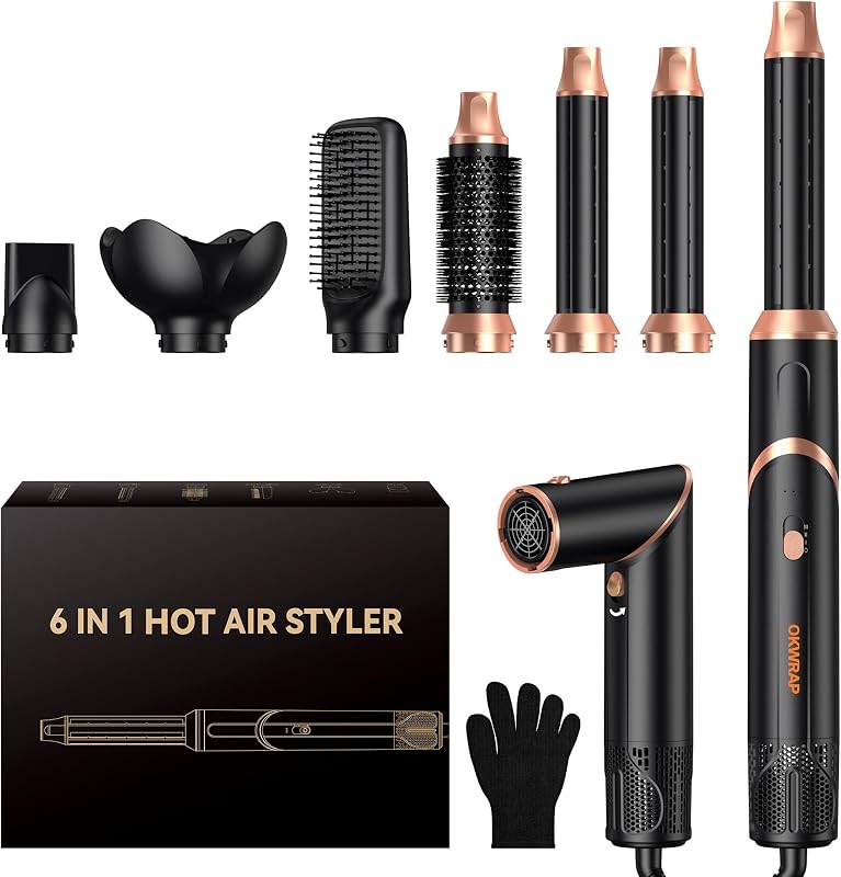6 in 1 Hair Dryer Brush, Foldable Blow Dryer Brush with Air Styler Curler Wrap, Detachable Hot Air Brush Dry,Volumize, Straight,Curl, Negative Ion Brush Blow Dryer with Diffuser, Hair Styler Tools