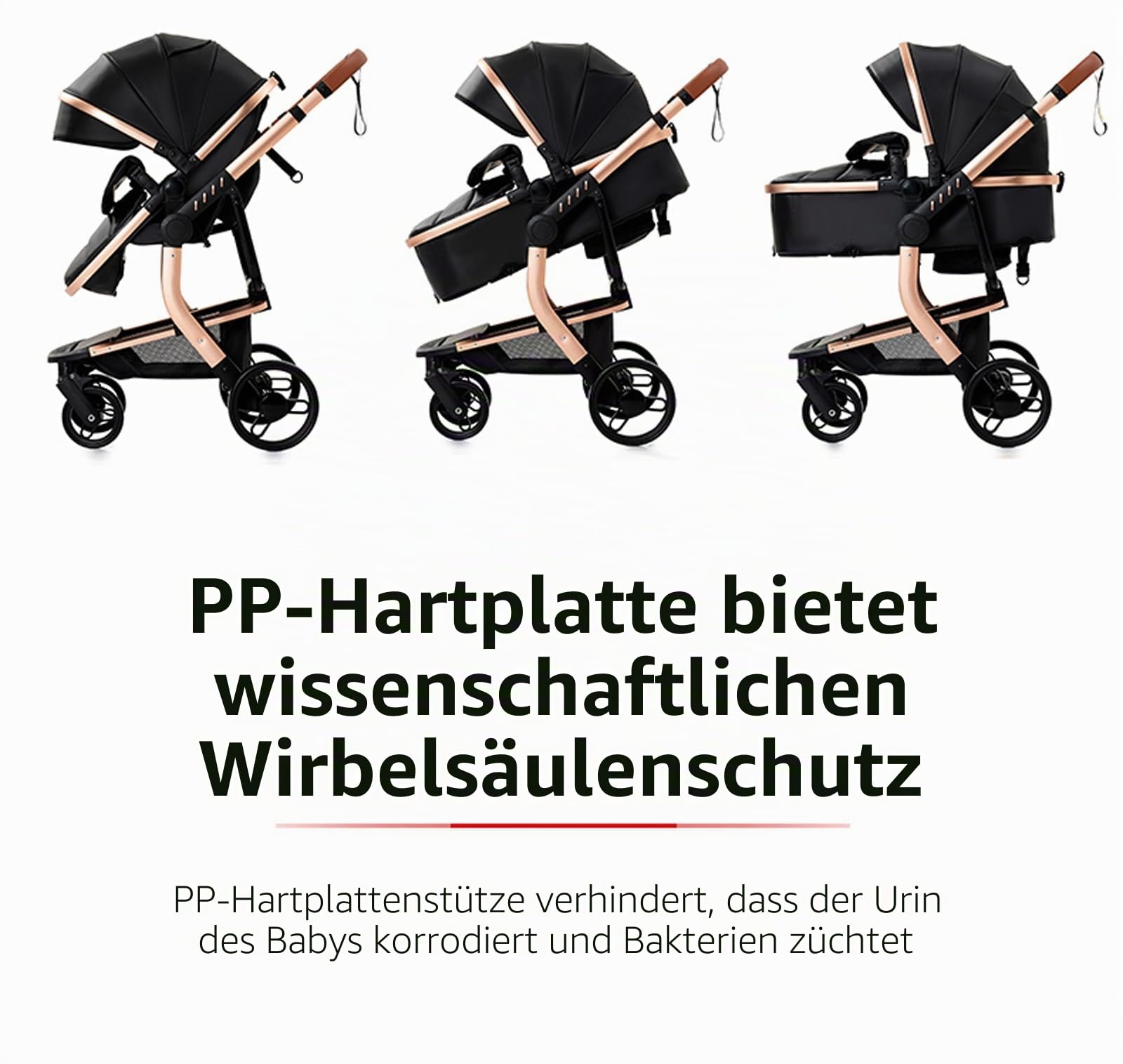 PU-Leder Kinderwagen 3 in 1, Buggy mit Ein-Klick-Faltdesign, Kinderwagen mit Zwei Umkehrbaren Schiebemodi, Kombikinderwagen 3 in 1 Komplettset Rahmen Aluminiumlegierung (L518 Black)