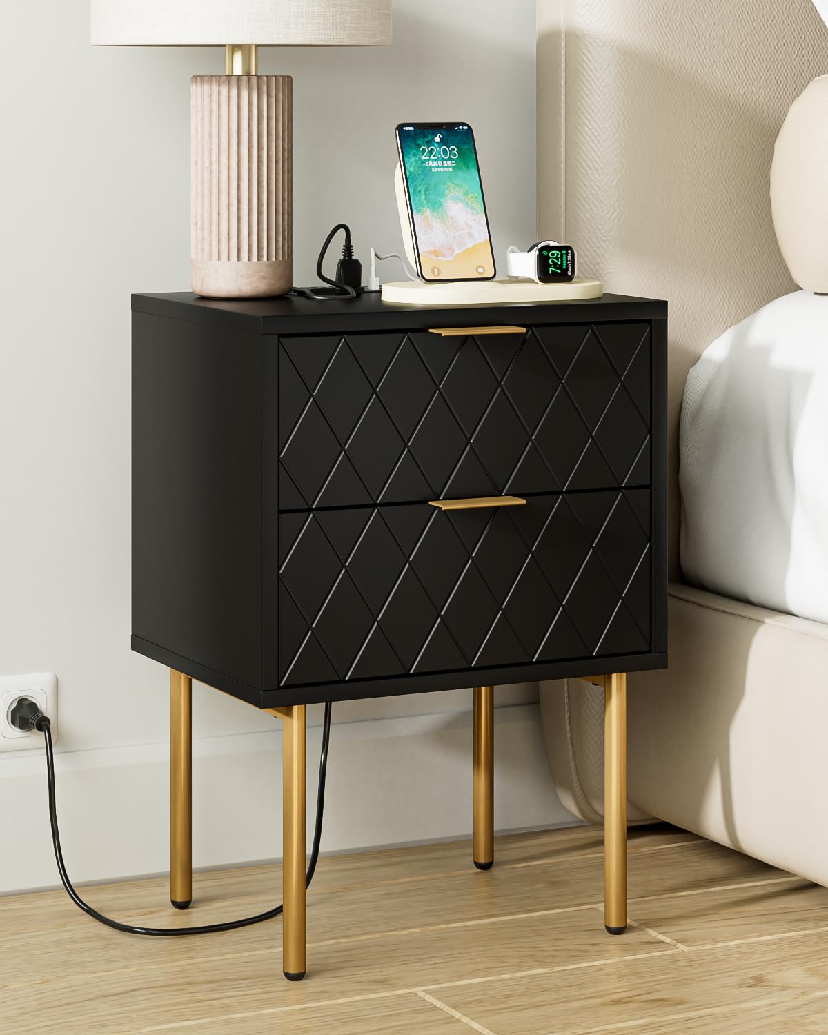 Nightstand,Small Bedside Table with Gold Frame,Morden Night Stand,End Table,Bedside Furniture,Side Table with Drawer and Shelf for Bedroom,Living Room (Modern-pane, Black-2drawers-outlet)