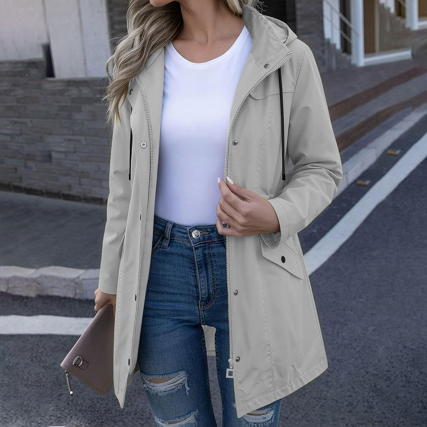 Safari Jacket for Women Casual Long Sleeve Utility Coat Anorak | Women's Mid Length Waterproof Trench Coat with Button Front, Flap Pockets, Stand Collar for Fall Spring Travel Casual Wear