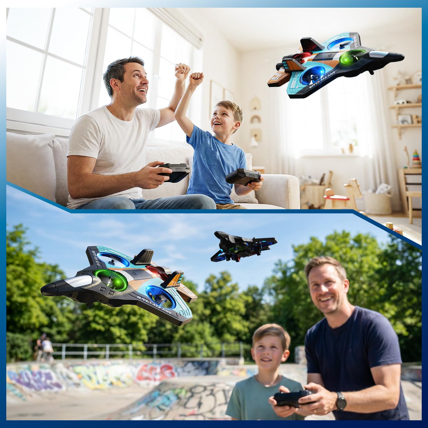 DEERC Avión de espuma RC para niños, avión teledirigido con altitud, volteos 3D y luces LED, 2 baterías, avión teledirigido para principiantes para niños y niñas (azul y naranja)