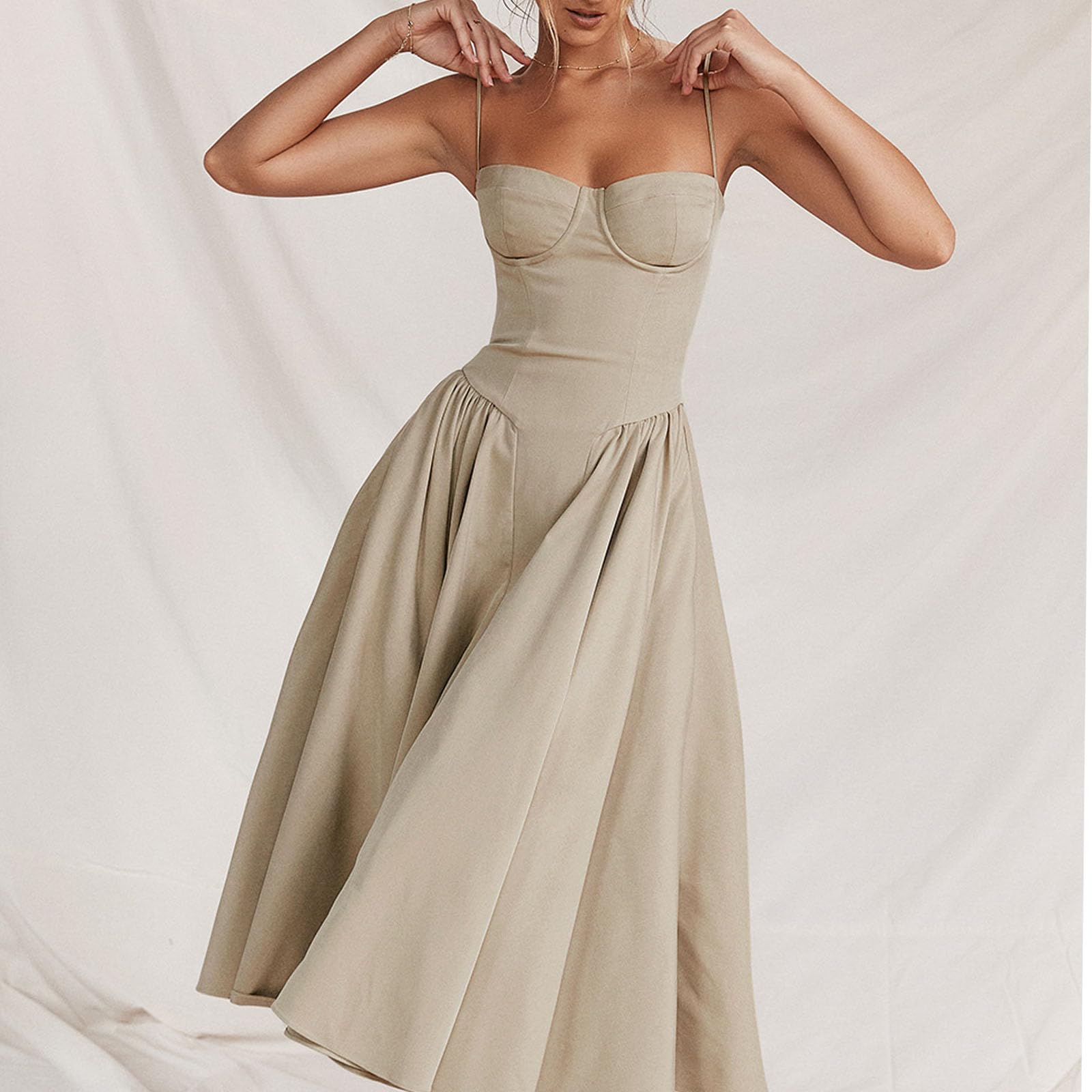 Sleeveless Corset Fit Midi Dress Spaghetti Strap Bustier Midi Dress Trendy A Line Dress with Pocket